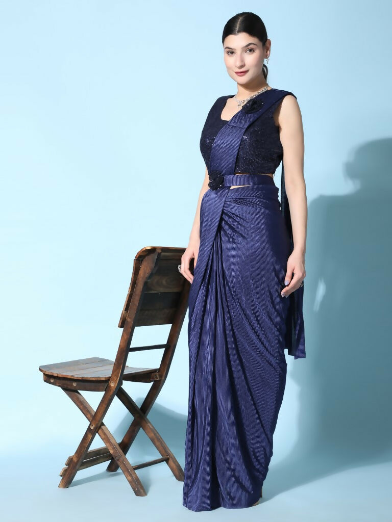 Blue Imported Crush Lycra Texture Pattern Ready to Wear Saree with stitched Blouse - Nirvana