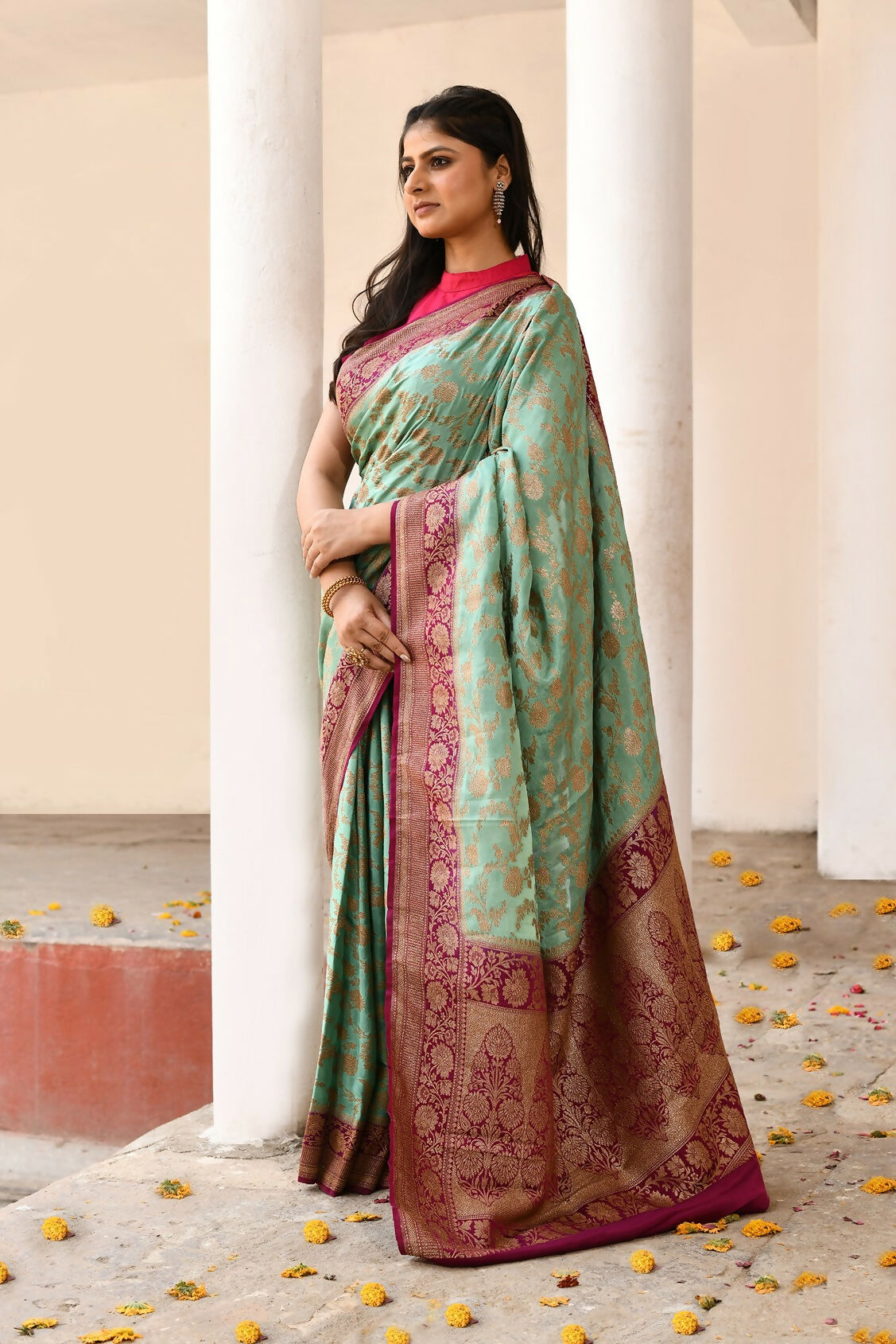 Joban Fashion Aqua Crepe Chiffon Pure Handloom Banarasi Silk Saree