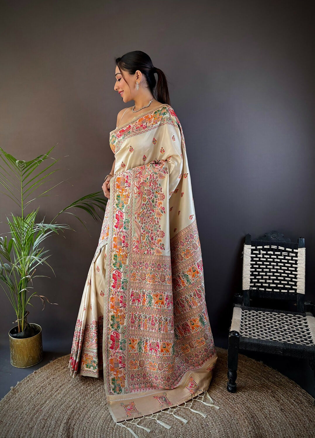 Joban Fashion White Meena Weaves Pashmina Sarees