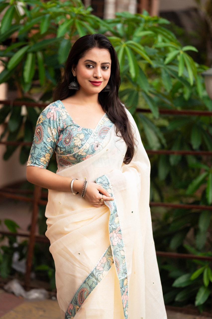 Blue Pure Linen Ethnic Motifs Saree with Unstitched Blouse - Hiral Fashion