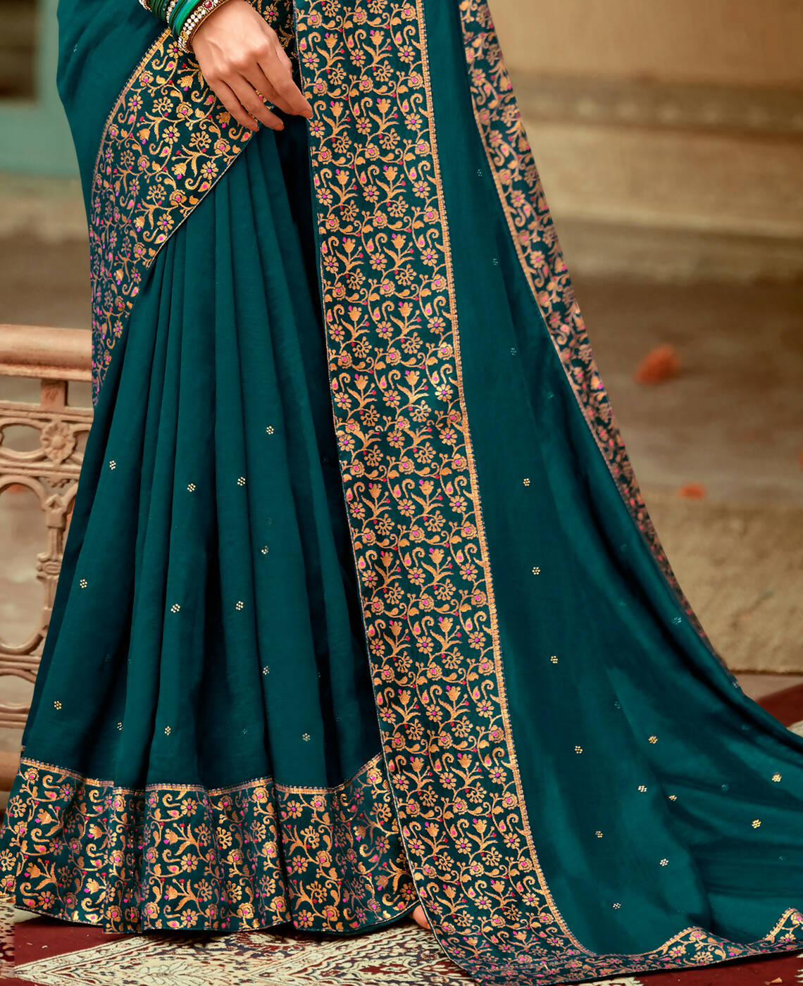 Blue Vichitra Stone Work Saree With Unstitched Blouse Piece - Rosy