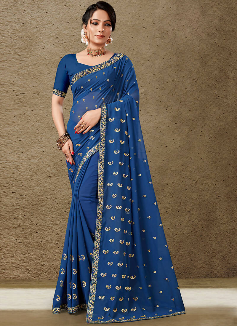 Blue Georgette Embroidered Saree with Unstitched Blouse Piece - Avika