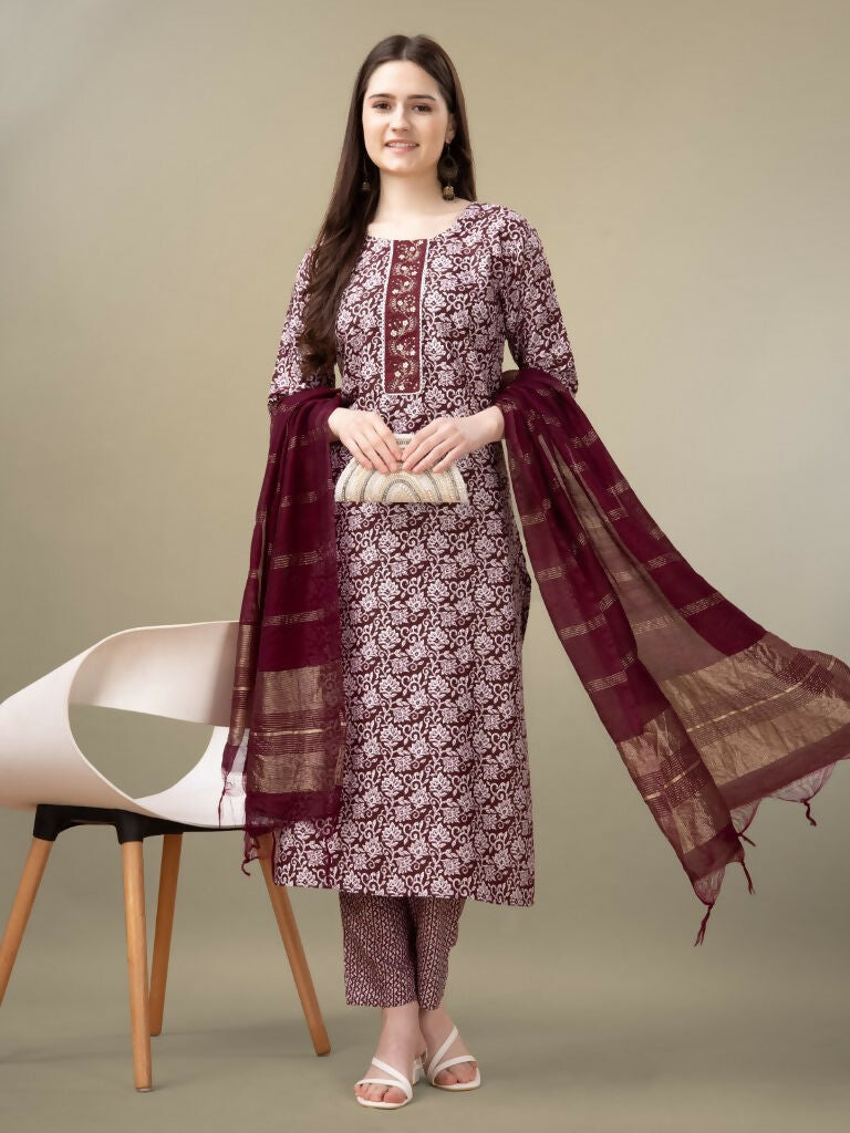 Jyoti Fashion Women's Maroon Rayon Embroidery & Sequence work Kurta with Trouser & Dupatta