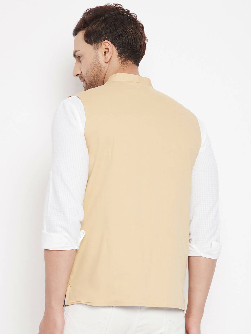 Even Apparels Beige Polyester Men's Nehru Jacket-Contrast Lining-Inbuilt Pocket Square