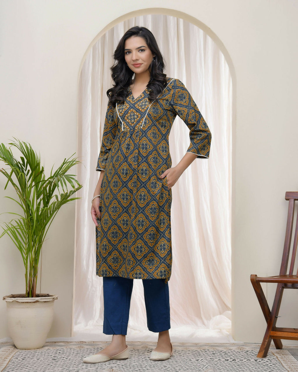Vaasva Blue Ajrakh Cotton Printed Gathered Kurti With Pant