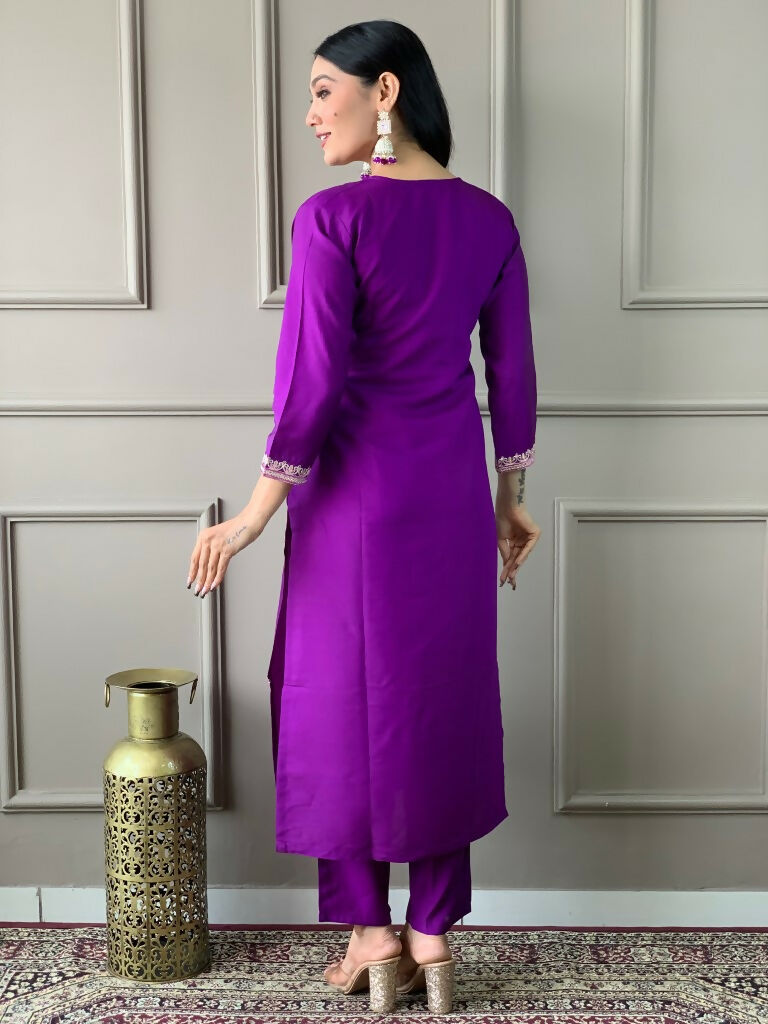 Partywear Designer Viscose Chanderi Wine Stitched Suit With Dupatta - Tanisha