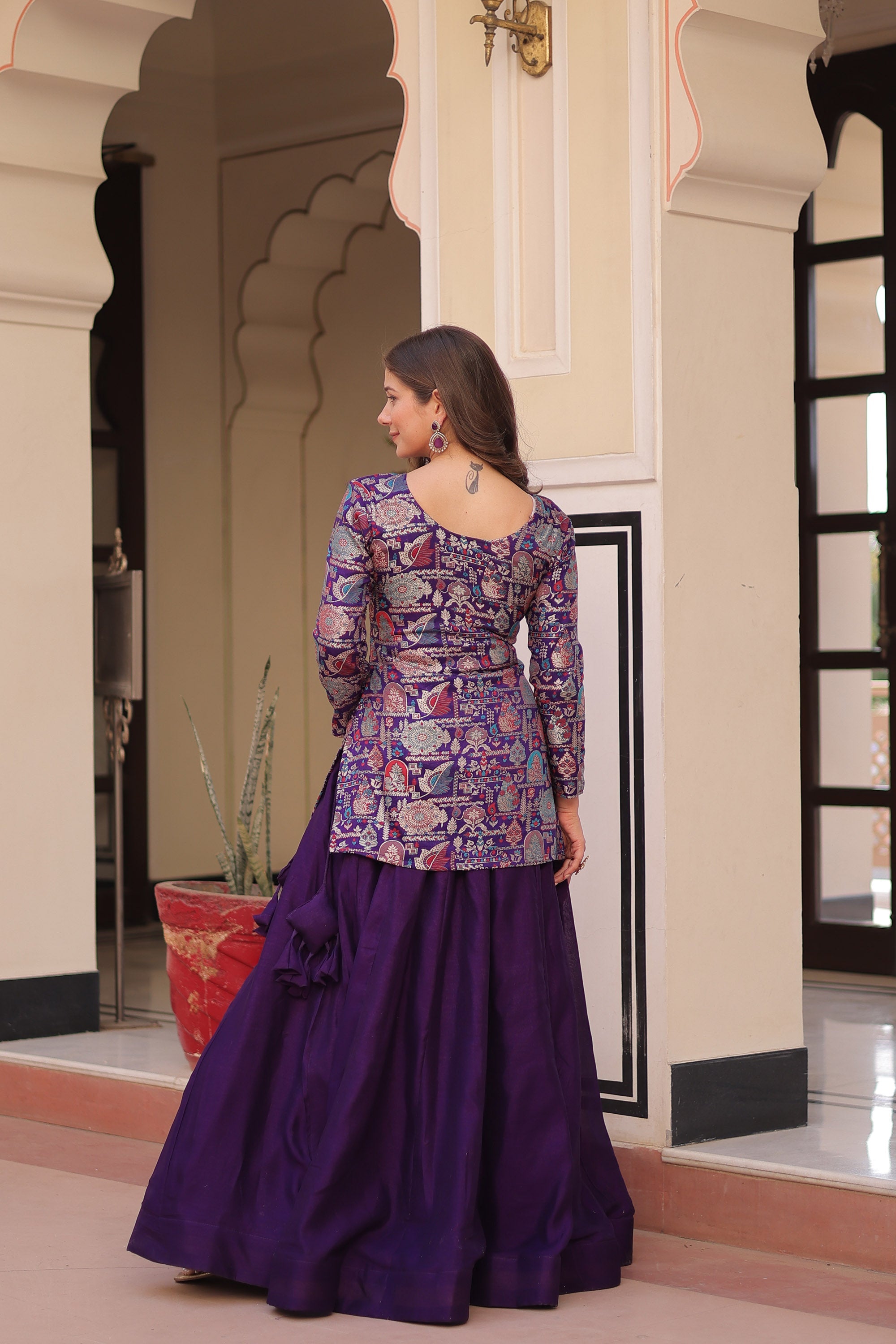 Lorenvalley Fashion Purple Pure Simmer Vichitra Kali Pattern with Canvas Patta Lehenga Choli