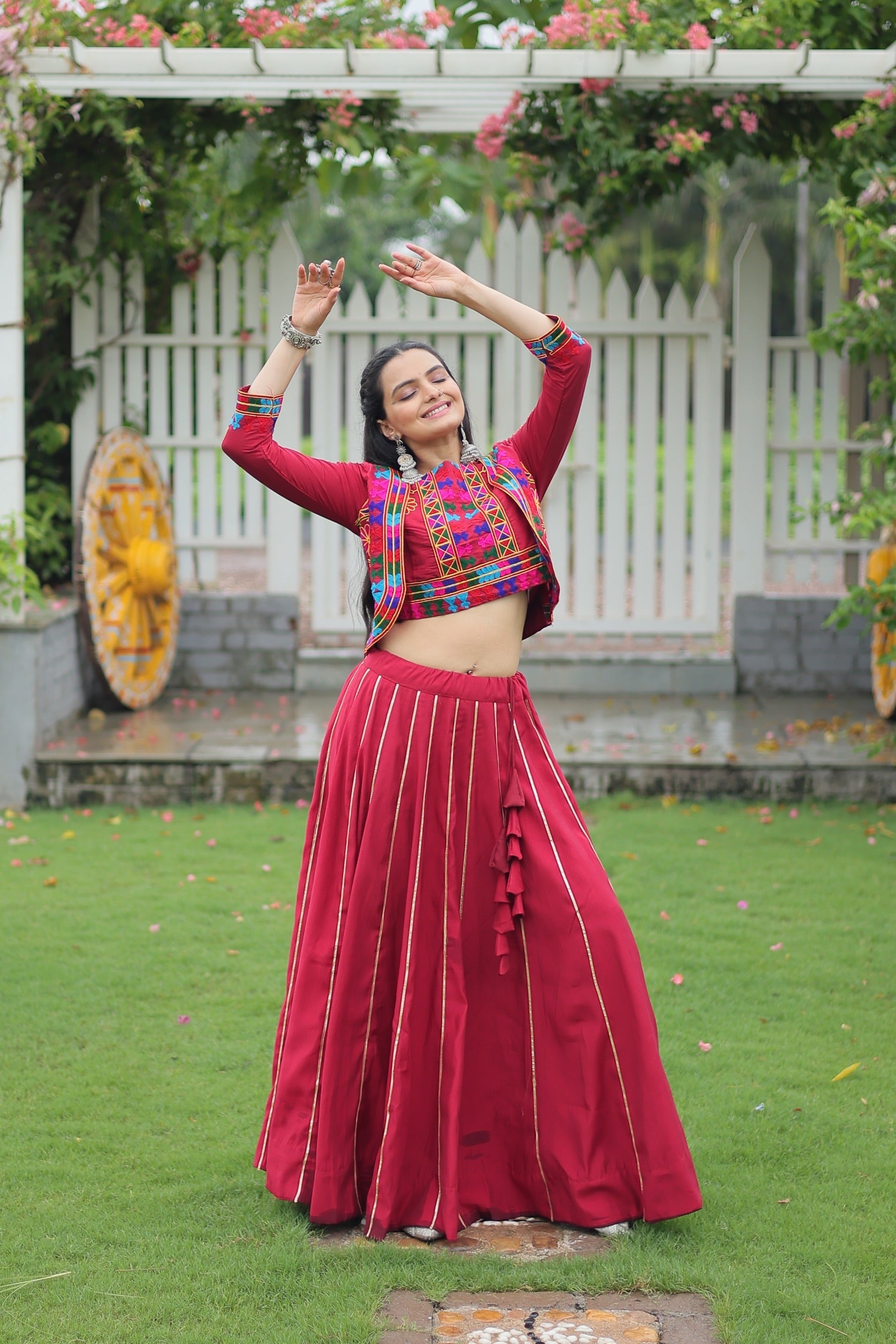 Prazu Fashion Maroon Roman Silk Kutchi Gamthi Embroidered Work Lehenga For Navaratri
