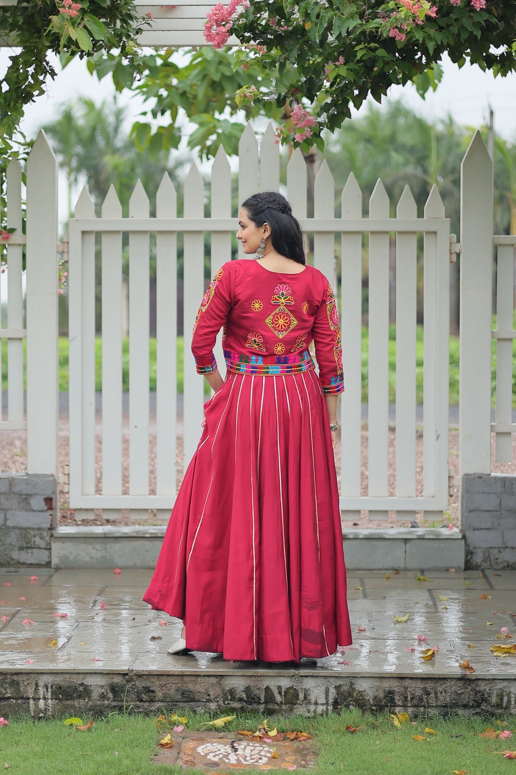 Prazu Fashion Maroon Roman Silk Kutchi Gamthi Embroidered Work Lehenga For Navaratri