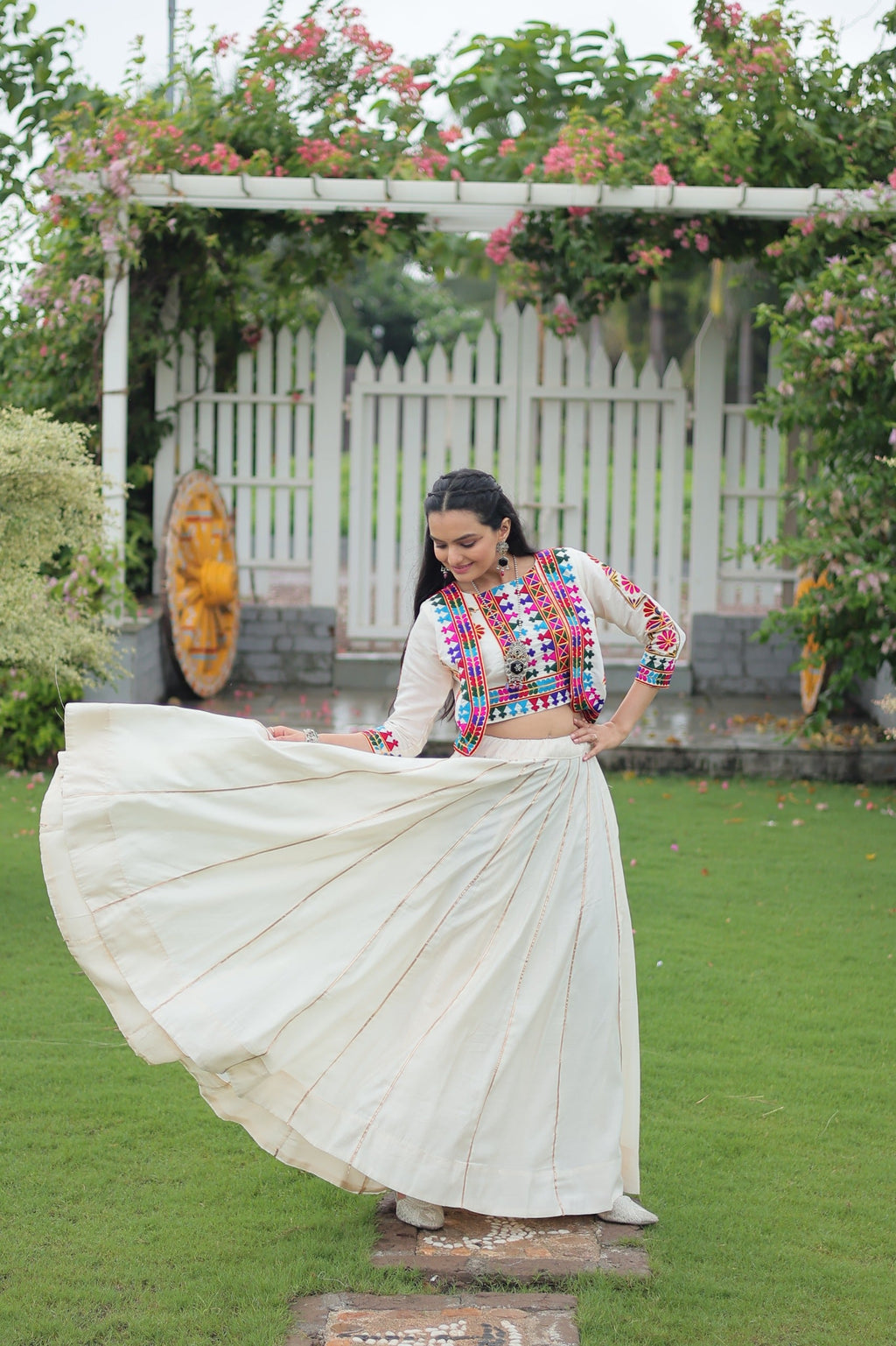 Prazu Fashion Off White Roman Silk Kutchi Gamthi Embroidered Work Lehenga For Navaratri