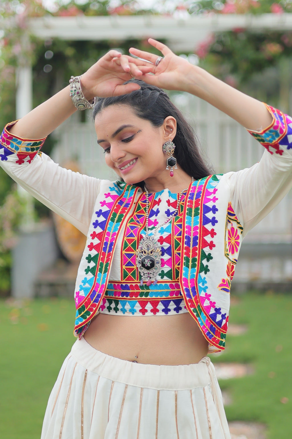 Prazu Fashion Off White Roman Silk Kutchi Gamthi Embroidered Work Lehenga For Navaratri