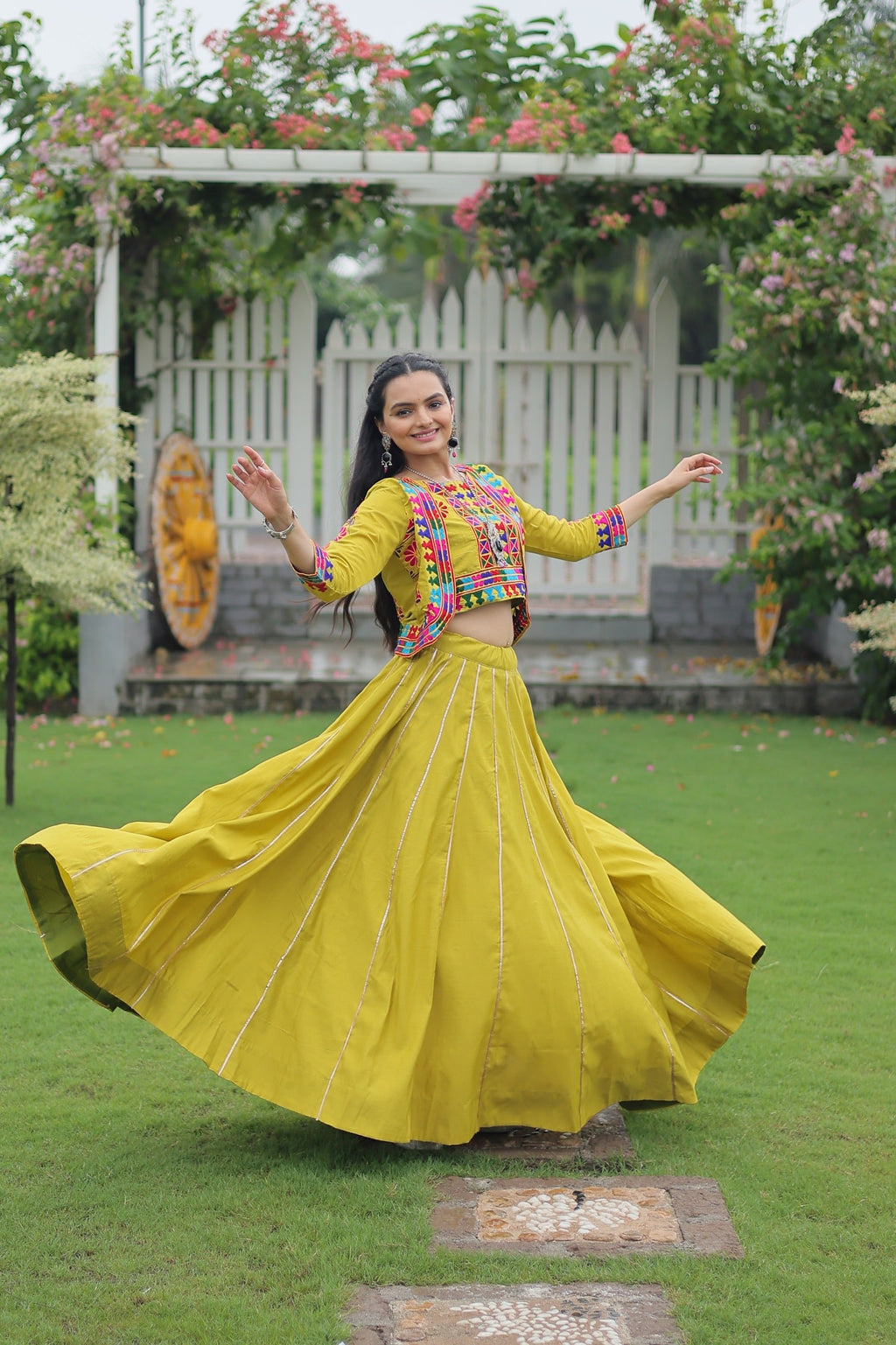 Prazu Fashion Parrot Roman Silk Kutchi Gamthi Embroidered Work Lehenga For Navaratri
