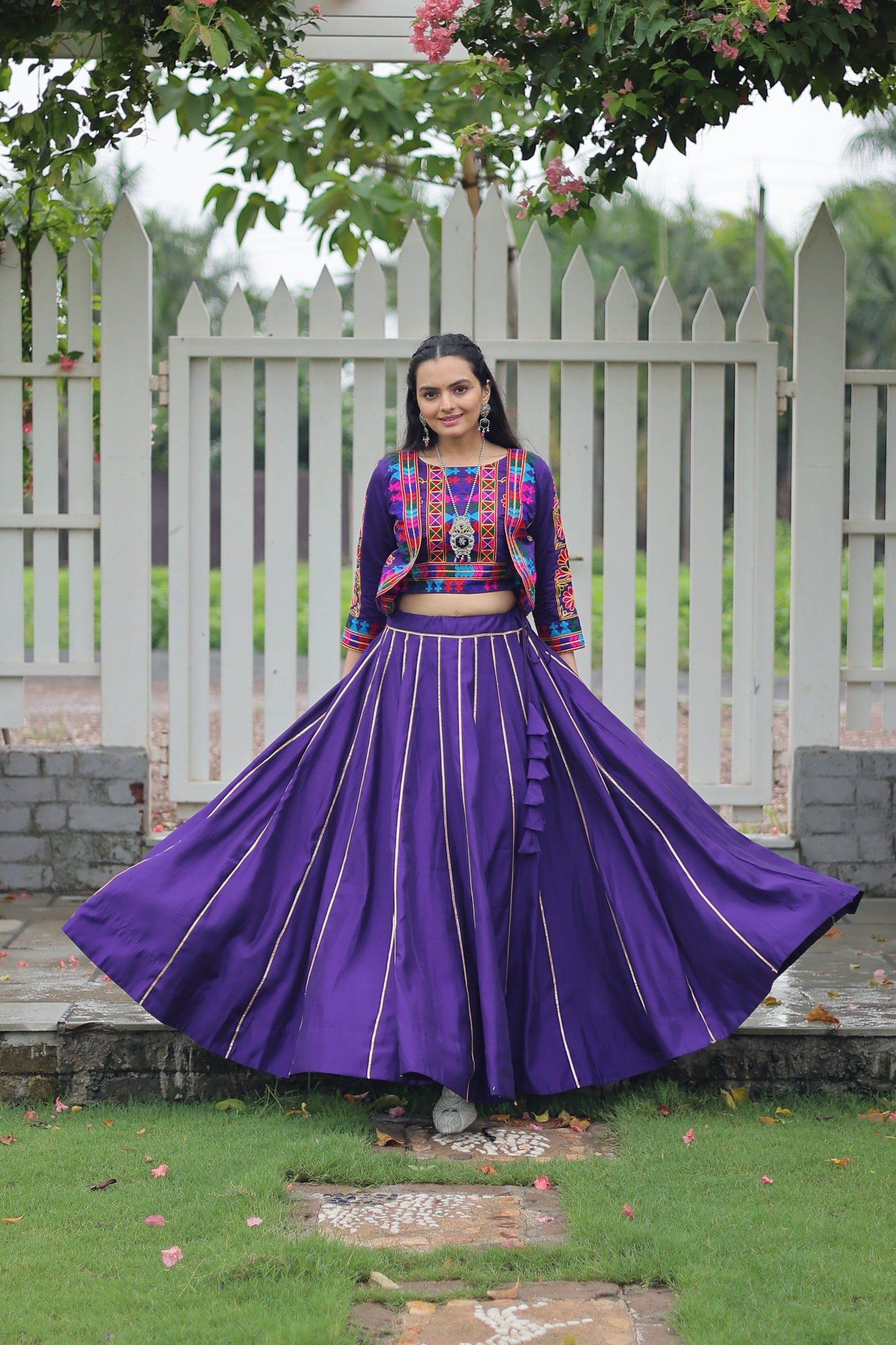 Prazu Fashion Purple Roman Silk Kutchi Gamthi Embroidered Work Lehenga For Navaratri