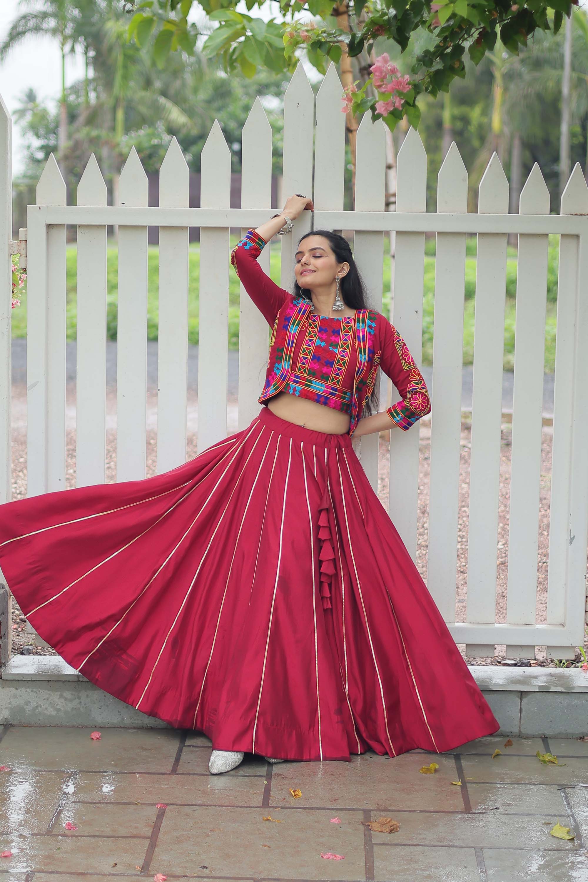 Lorenvalley Fashion Maroon Roman Silk with Attractive Gota-Patti Lace Lehenga Choli