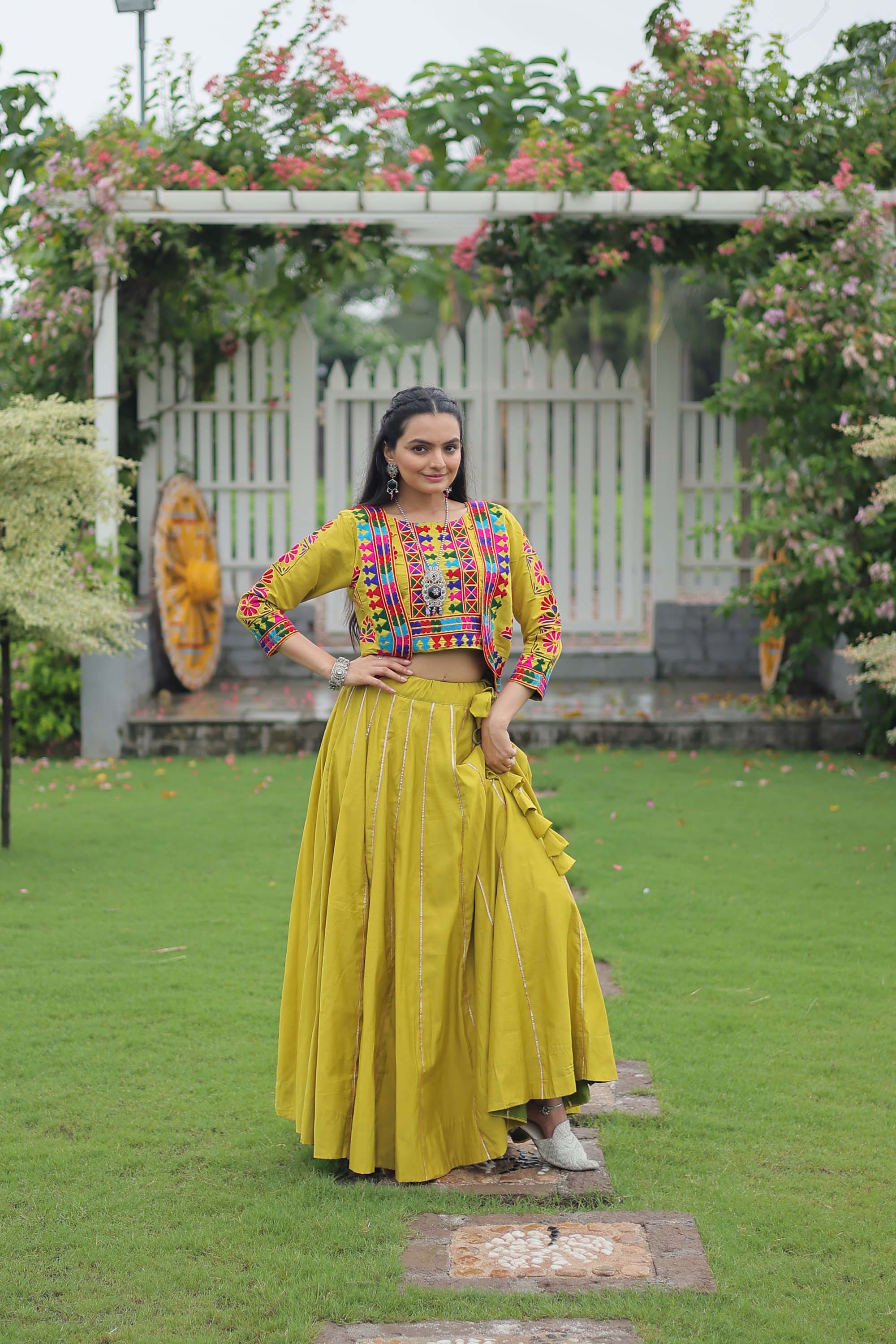Lorenvalley Fashion Parotgreen Roman Silk with Attractive Gota-Patti Lace Lehenga Choli