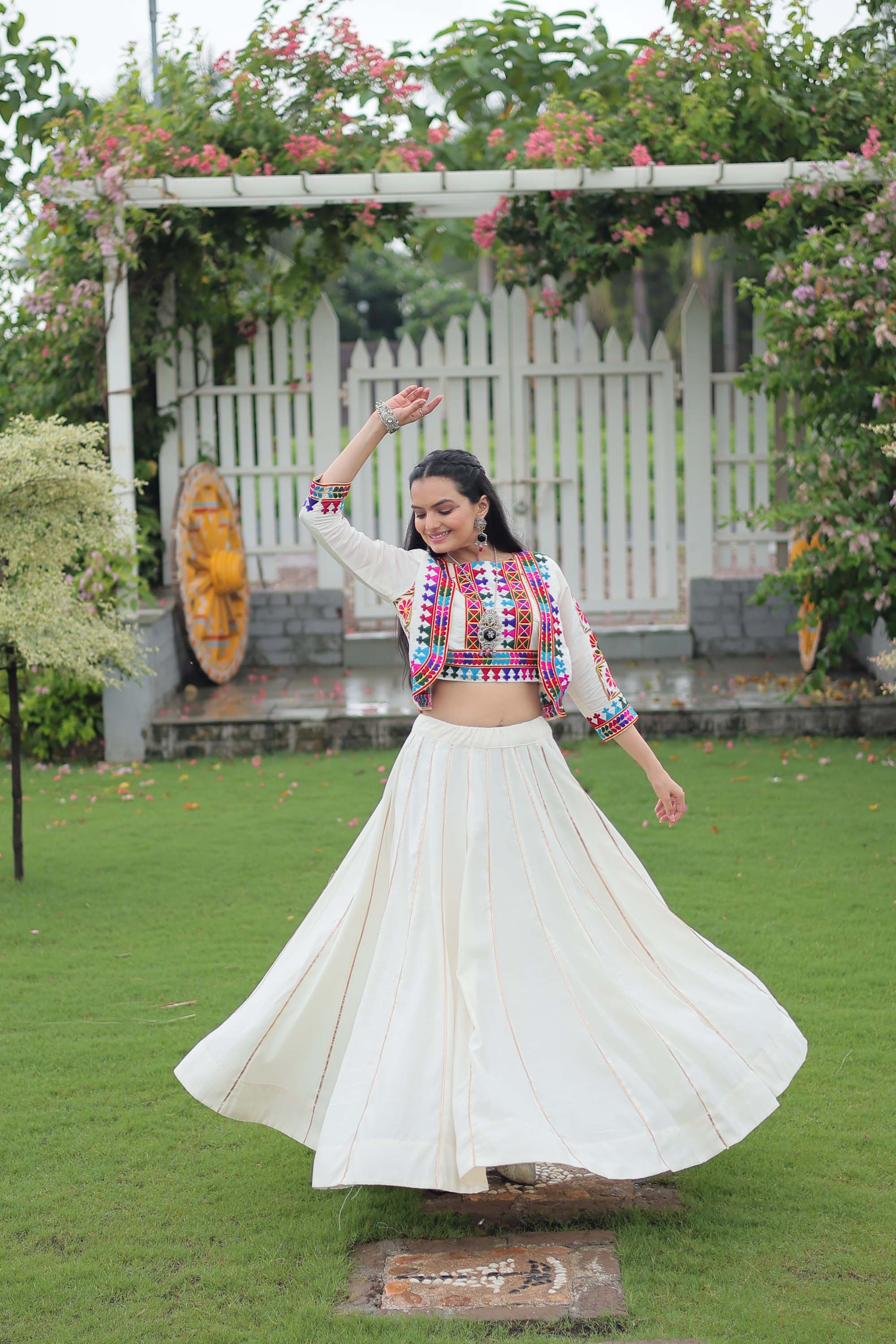Lorenvalley Fashion White Roman Silk with Attractive Gota-Patti Lace Lehenga Choli