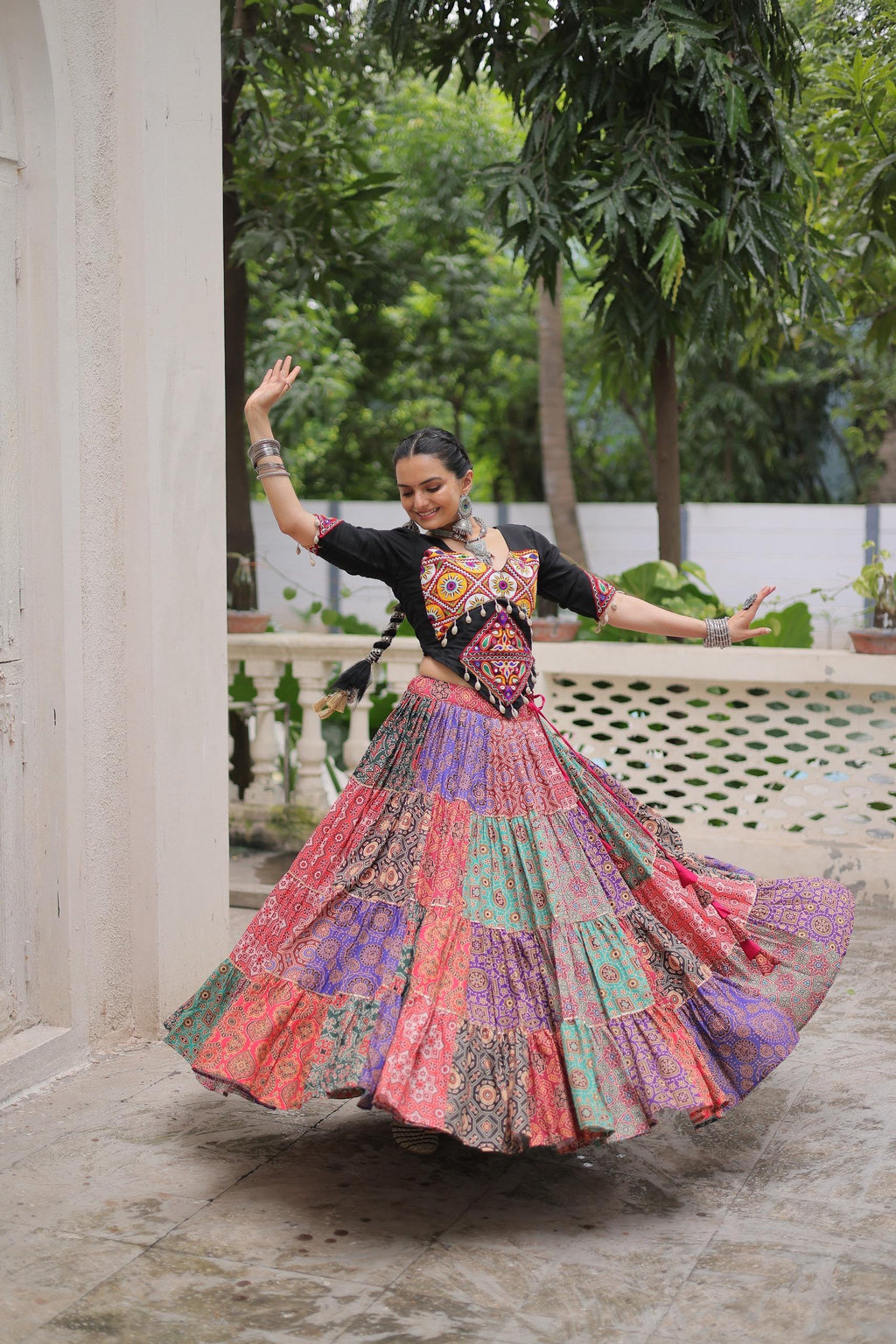 Prazu Fashion Black Kutchi Gamthi Embroidered Codi Lace Work Lehenga For Navratri