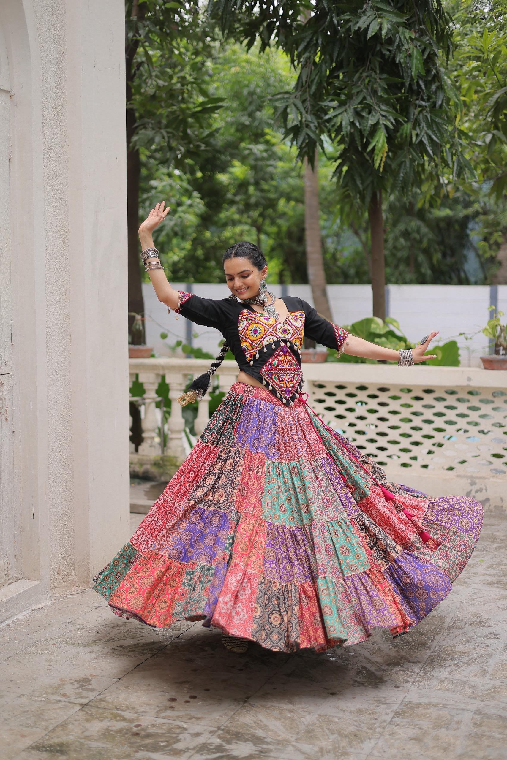 Prazu Fashion Black Kutchi Gamthi Embroidered Codi Lace Work Lehenga For Navratri