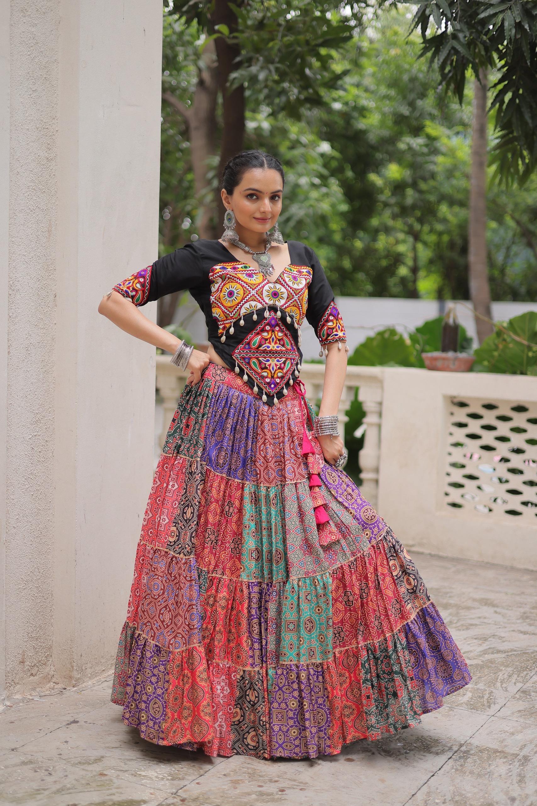 Prazu Fashion Black Kutchi Gamthi Embroidered Codi Lace Work Lehenga For Navratri