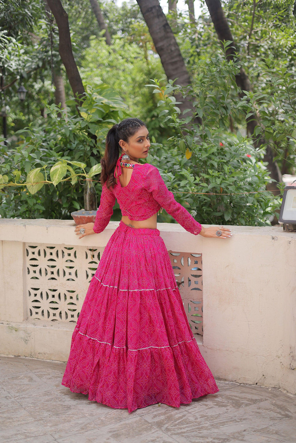 Lorenvalley Fashion Pink Faux Georgette Bandhej Print with Gotta Patti Lace Work Lehenga Choli