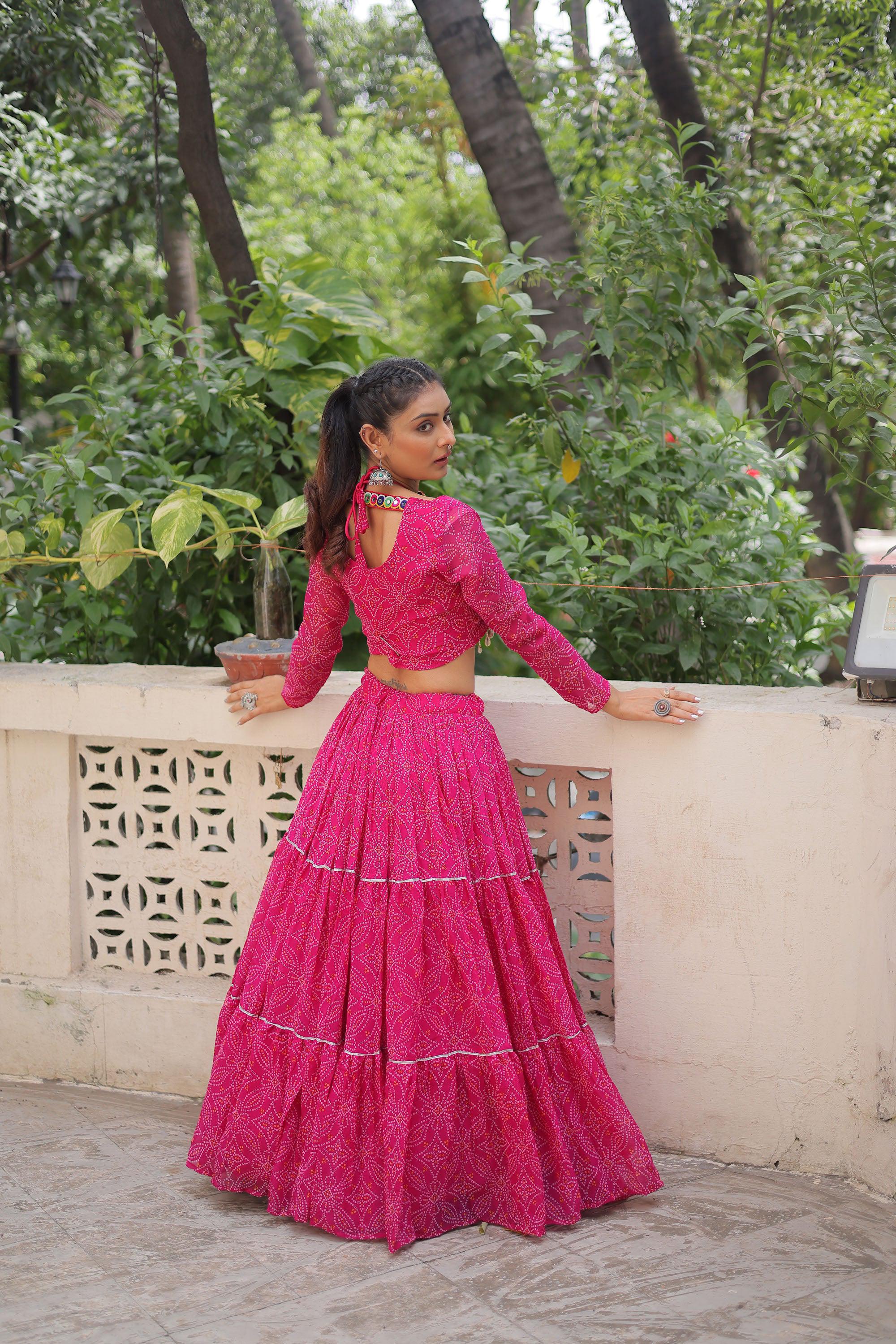 Lorenvalley Fashion Pink Faux Georgette Bandhej Print with Gotta Patti Lace Work Lehenga Choli