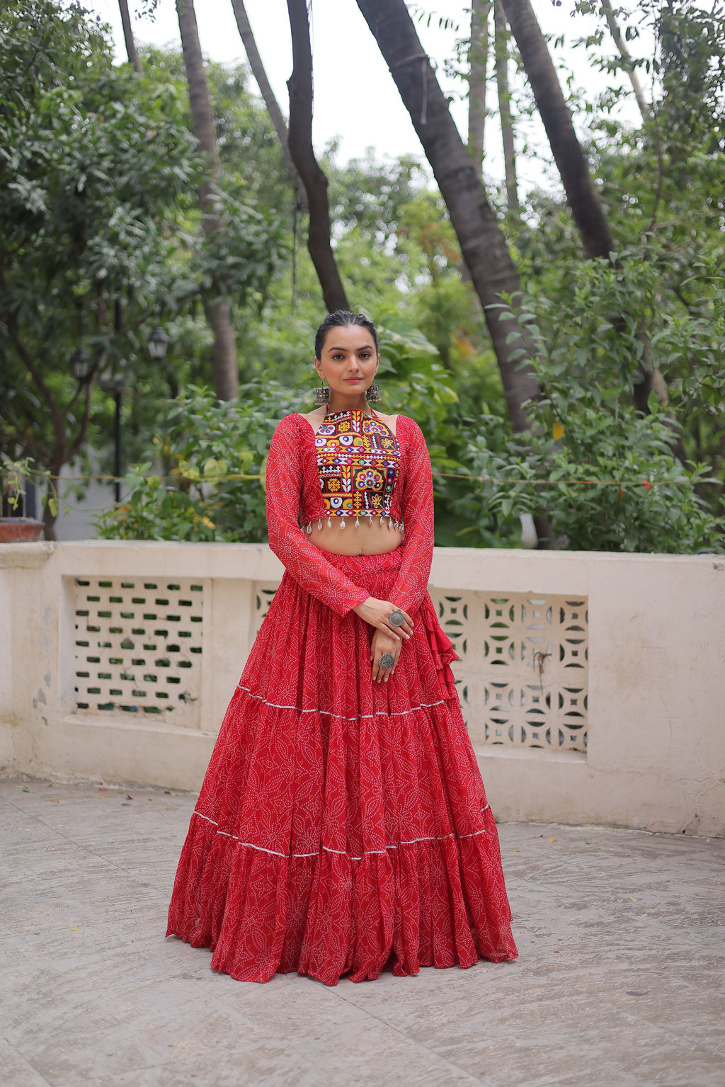Lorenvalley Fashion Red Faux Georgette Bandhej Print with Gotta Patti Lace Work Lehenga Choli