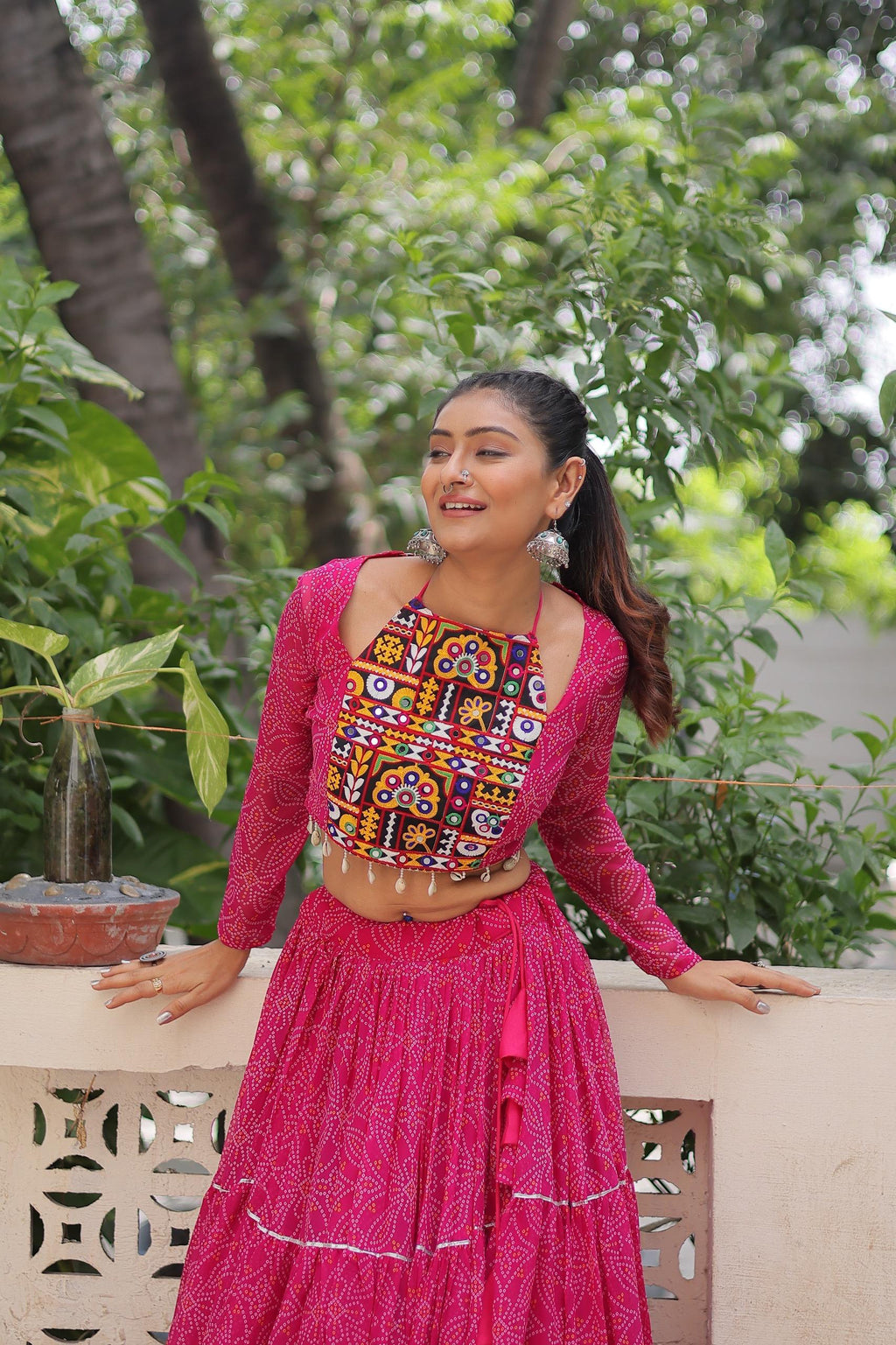 Prazu Fashion Pink Georgette Bandhej Print With Gotta Patti Lehenga For Navratri