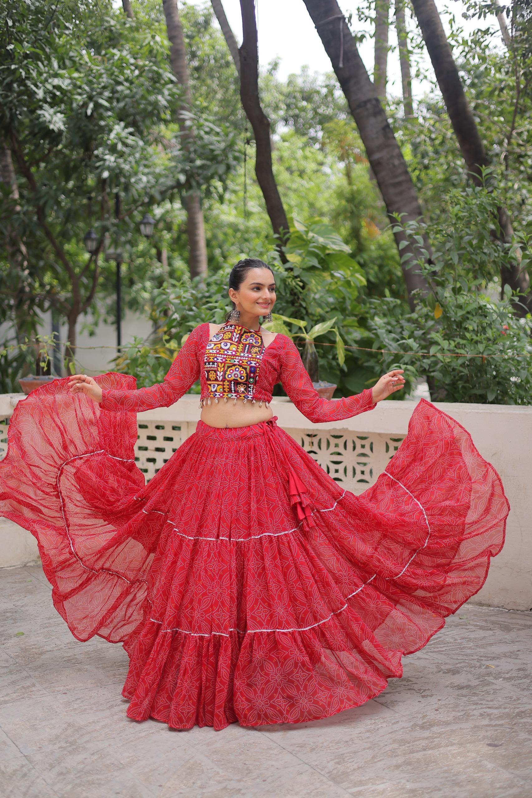 Prazu Fashion Red Georgette Bandhej Print With Gotta Patti Lehenga For Navratri