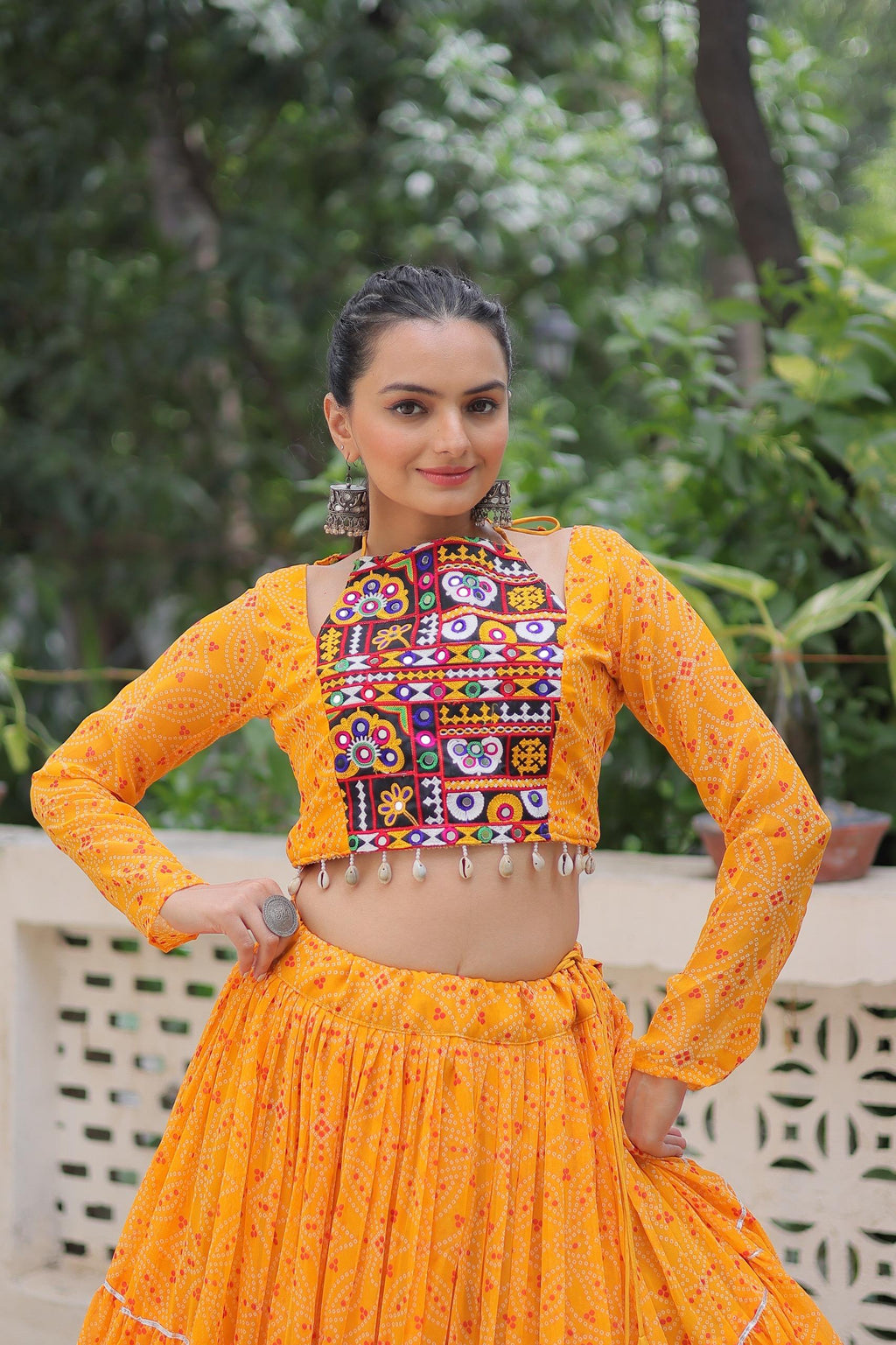 Prazu Fashion Yellow Georgette Bandhej Print With Gotta Patti Lehenga For Navratri