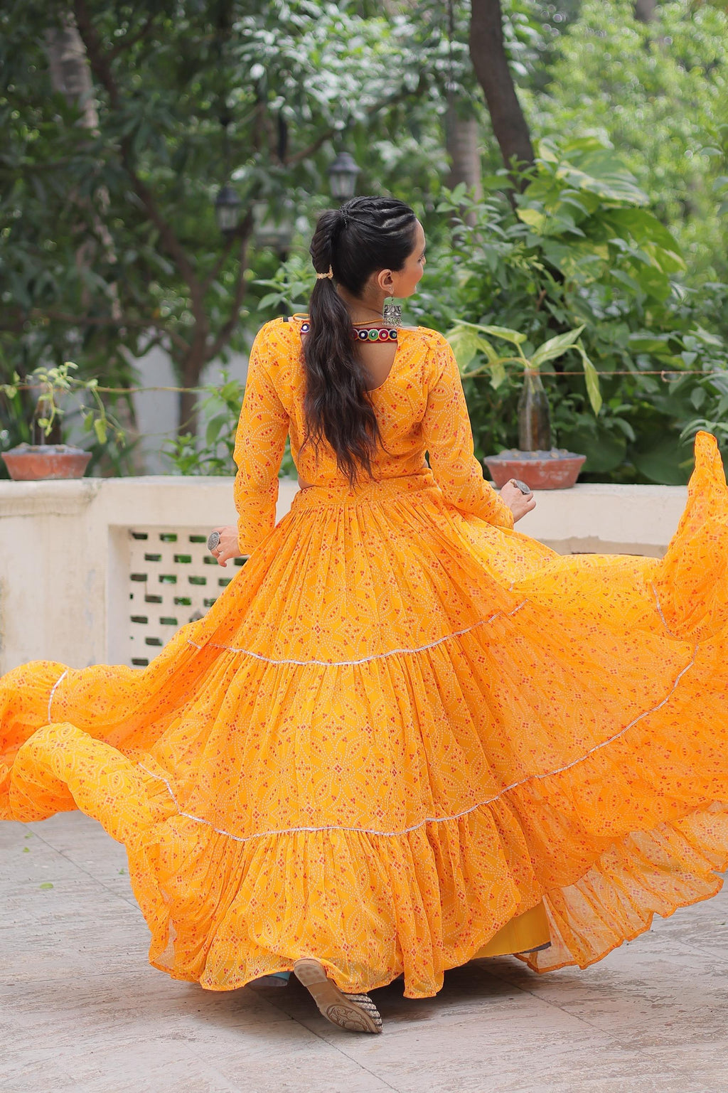 Prazu Fashion Yellow Georgette Bandhej Print With Gotta Patti Lehenga For Navratri