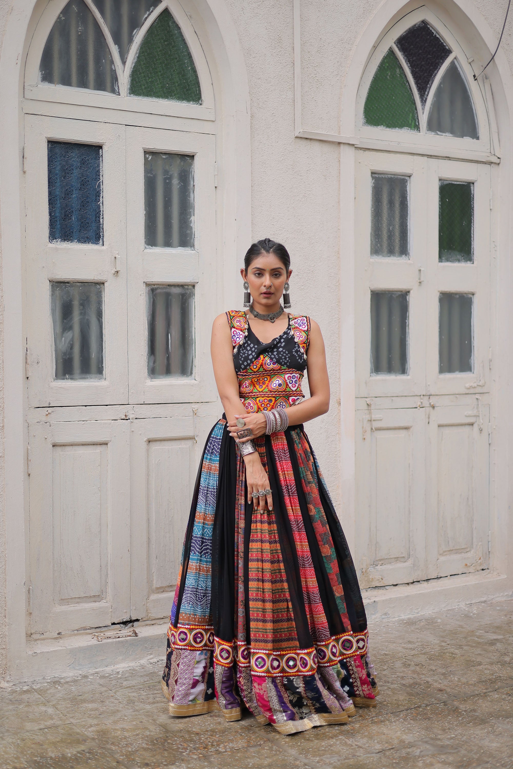 Lorenvalley Fashion Multicolor Georgette print and attractive combination Of Gamthi Embroidered & Embellished work Lehenga Choli
