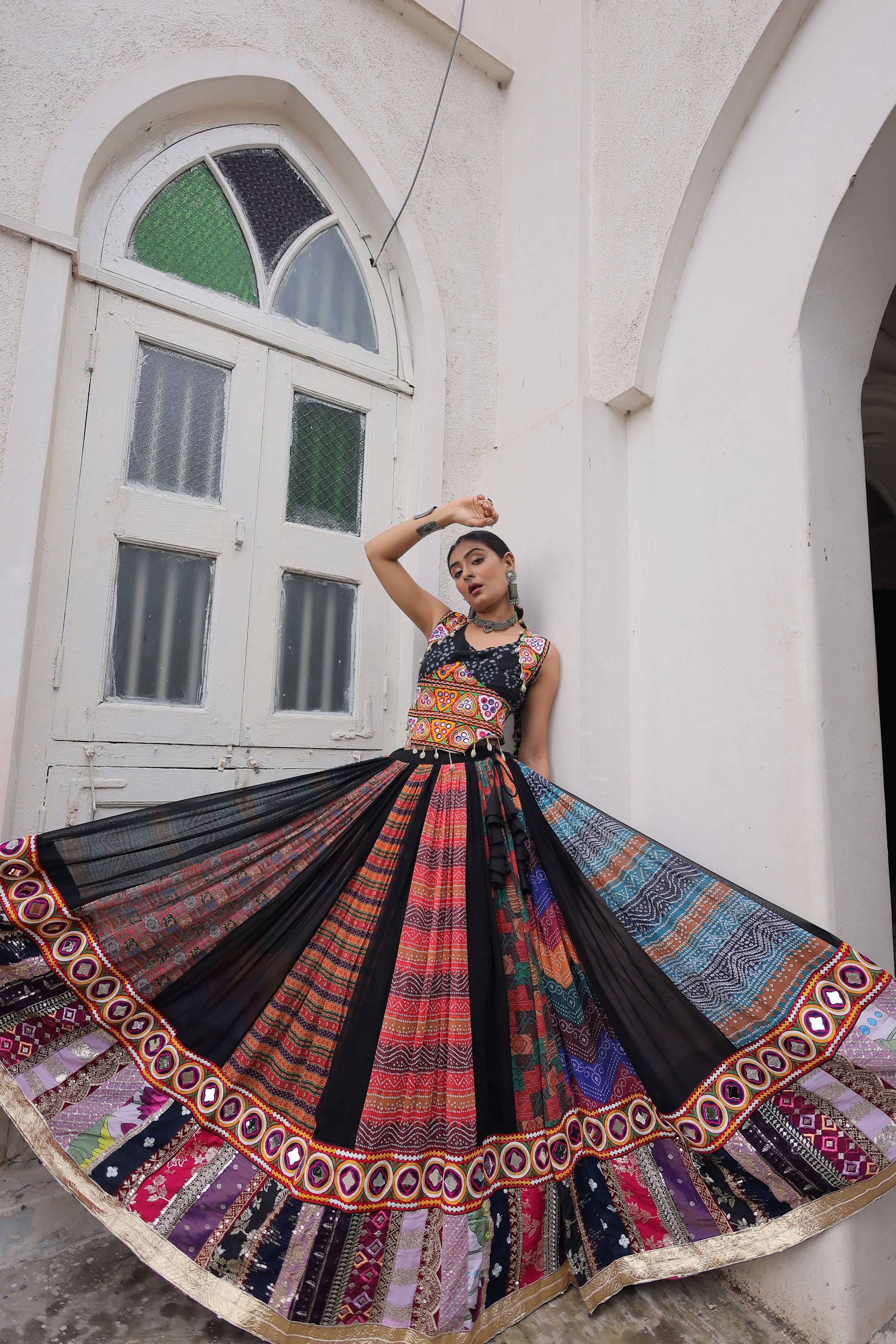 Lorenvalley Fashion Multicolor Georgette print and attractive combination Of Gamthi Embroidered & Embellished work Lehenga Choli