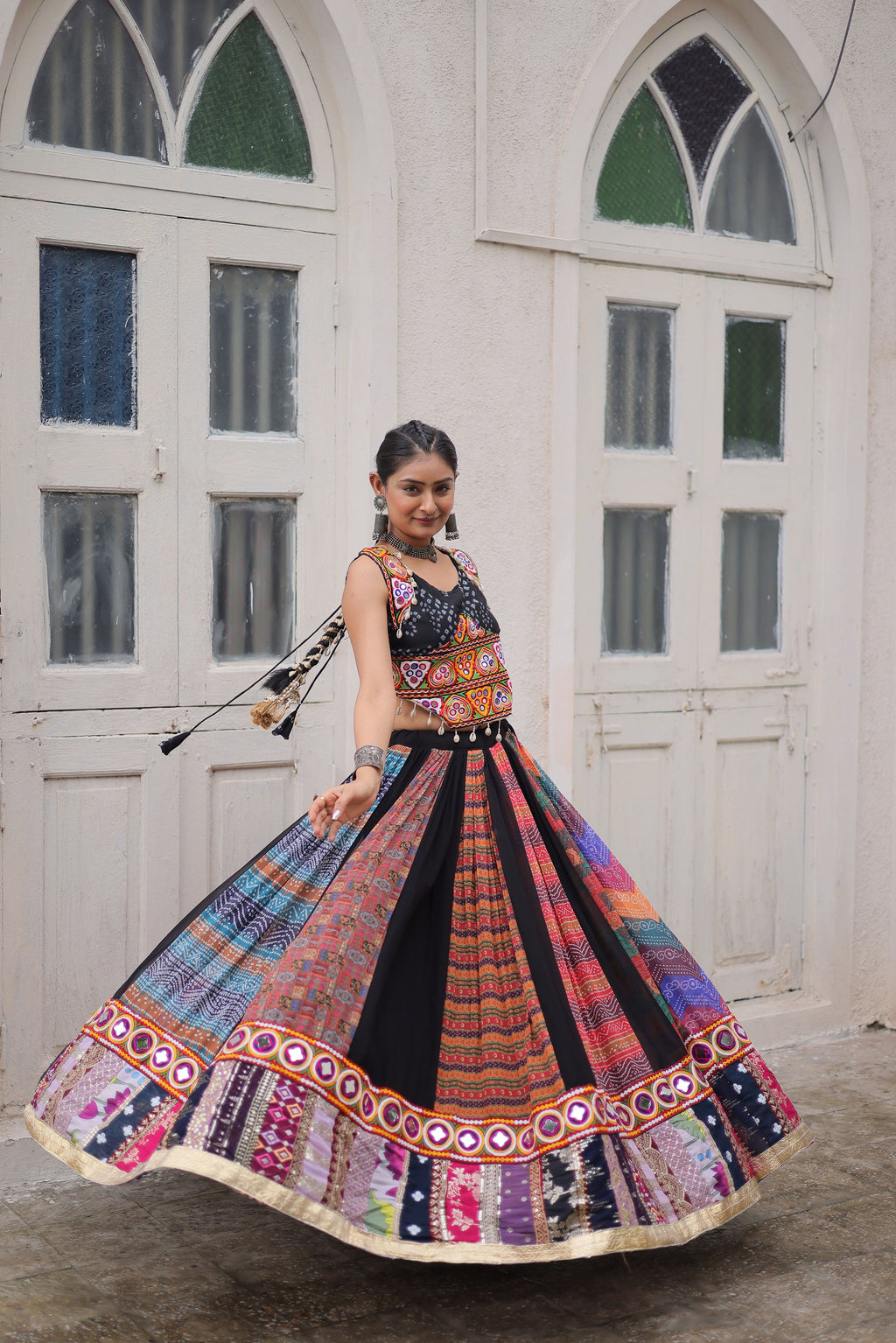 Lorenvalley Fashion Multicolor Georgette print and attractive combination Of Gamthi Embroidered & Embellished work Lehenga Choli
