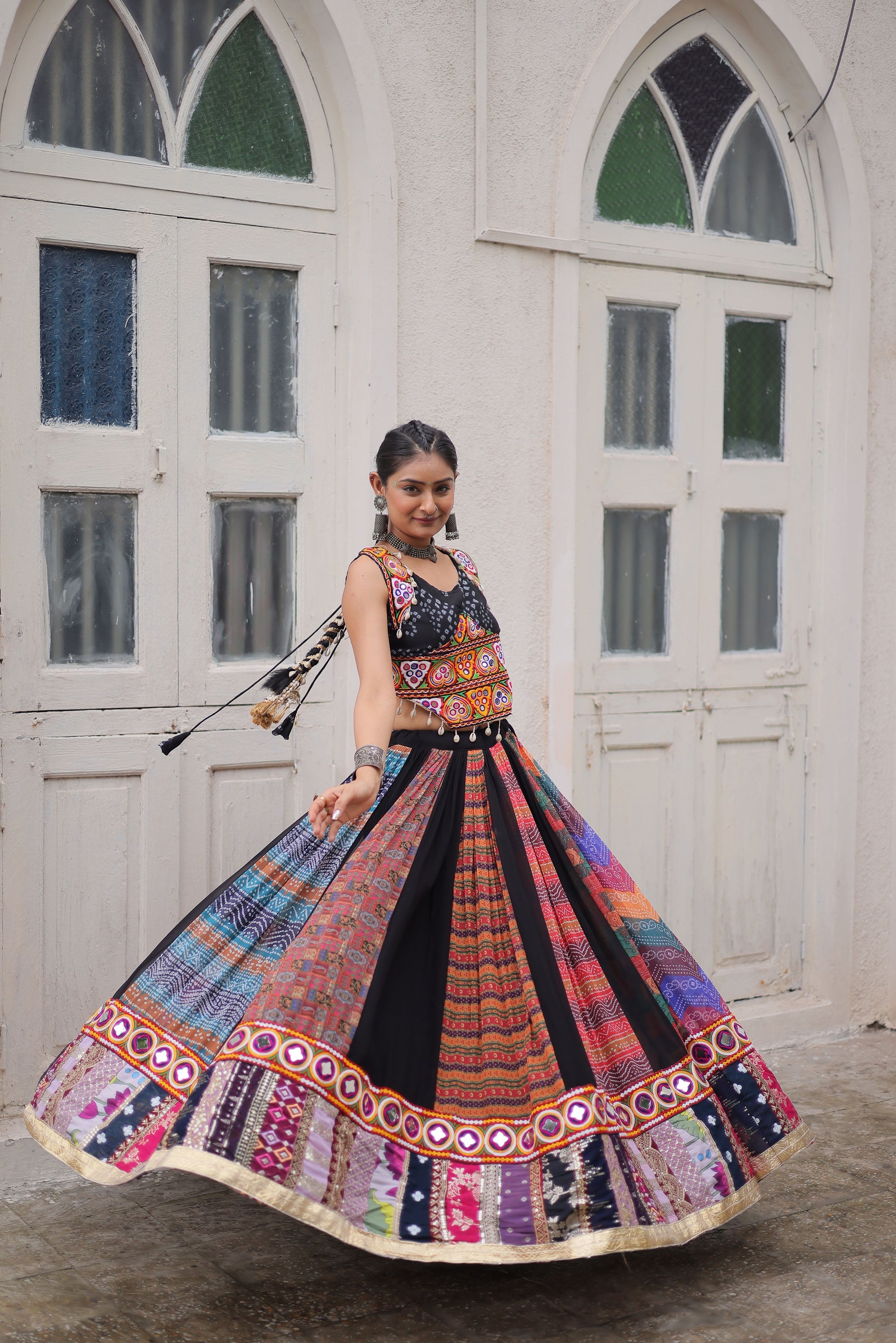 Lorenvalley Fashion Multicolor Georgette print and attractive combination Of Gamthi Embroidered & Embellished work Lehenga Choli