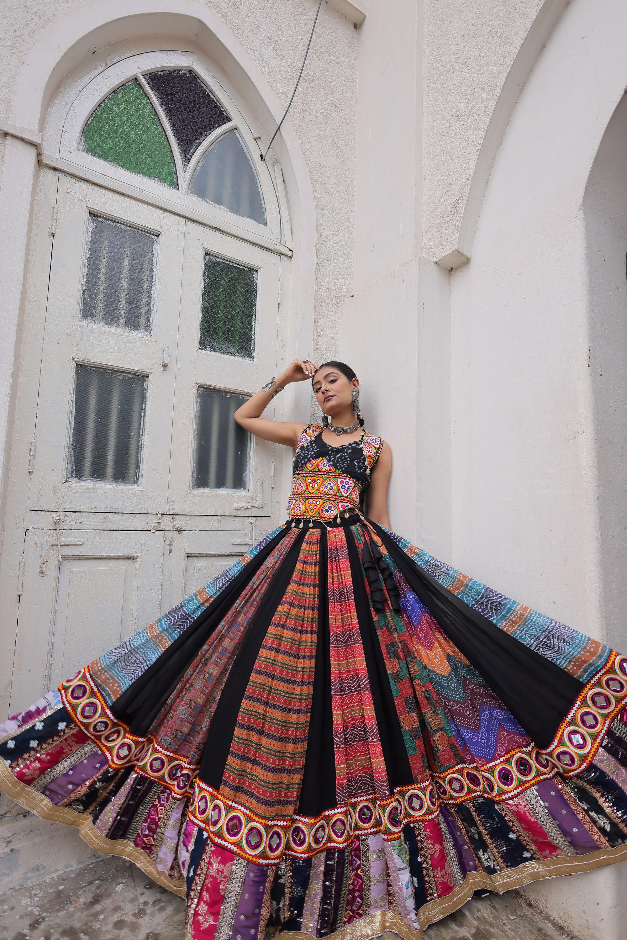 Lorenvalley Fashion Multicolor Georgette print and attractive combination Of Gamthi Embroidered & Embellished work Lehenga Choli