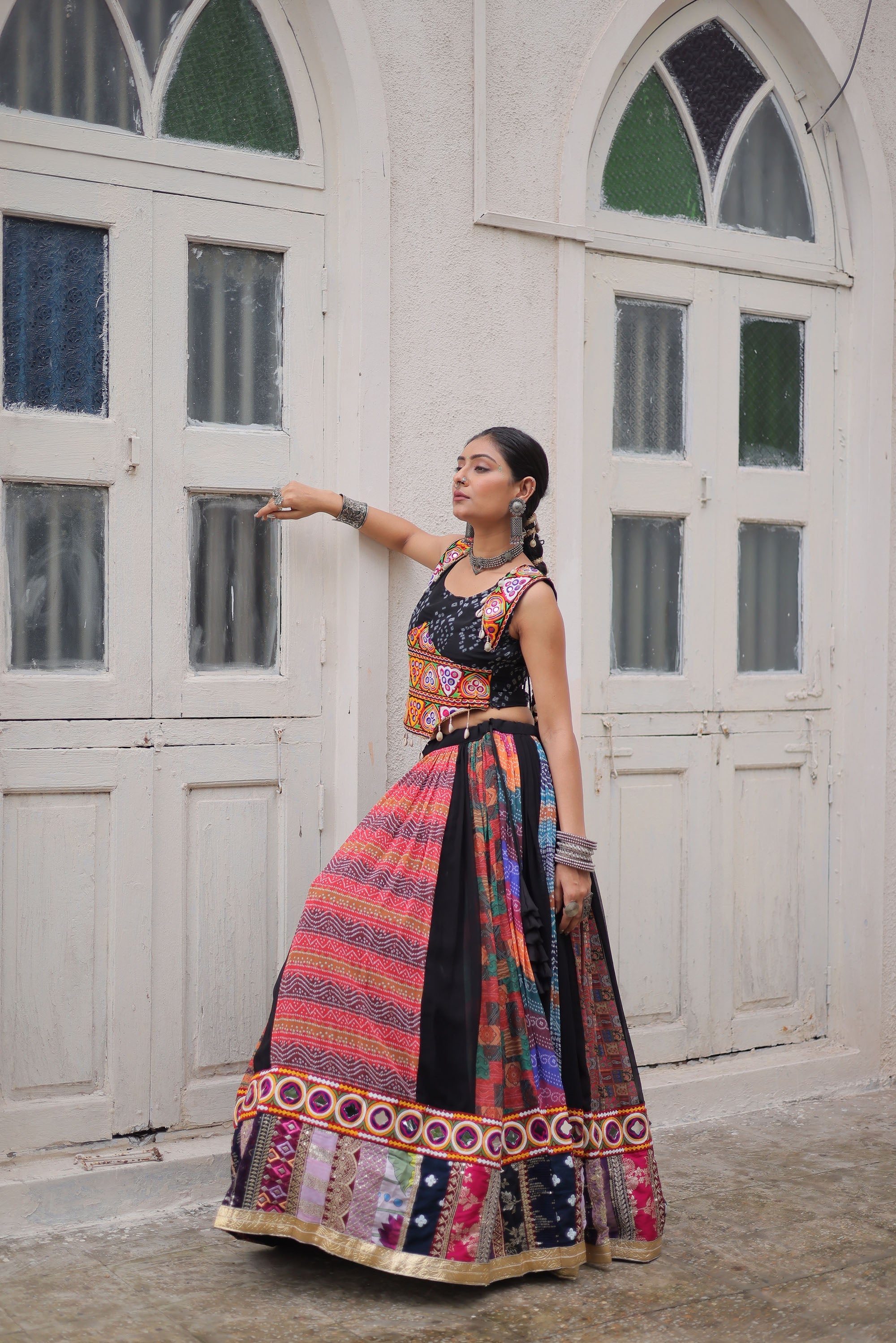 Lorenvalley Fashion Multicolor Georgette print and attractive combination Of Gamthi Embroidered & Embellished work Lehenga Choli