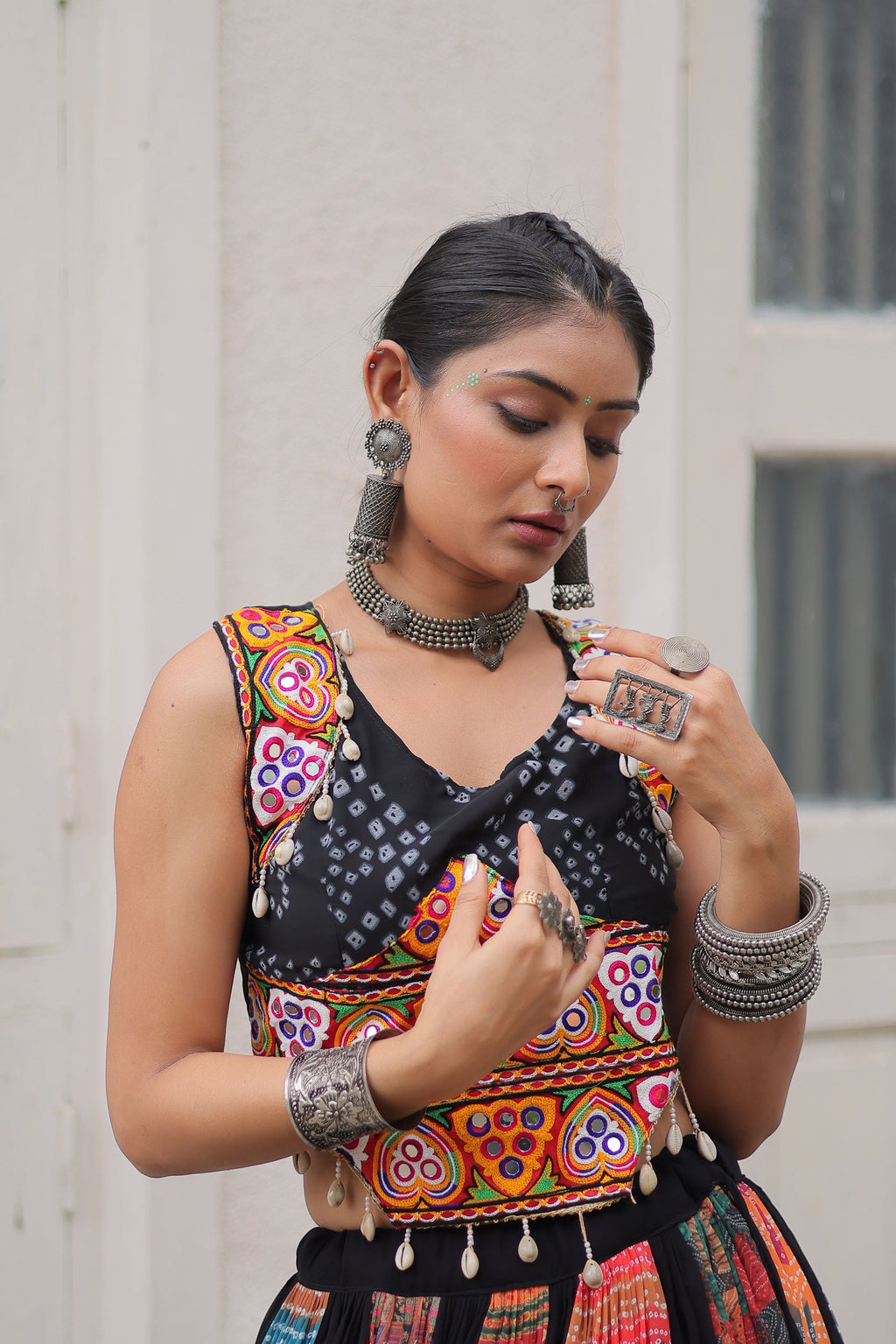 Lorenvalley Fashion Multicolor Georgette print and attractive combination Of Gamthi Embroidered & Embellished work Lehenga Choli