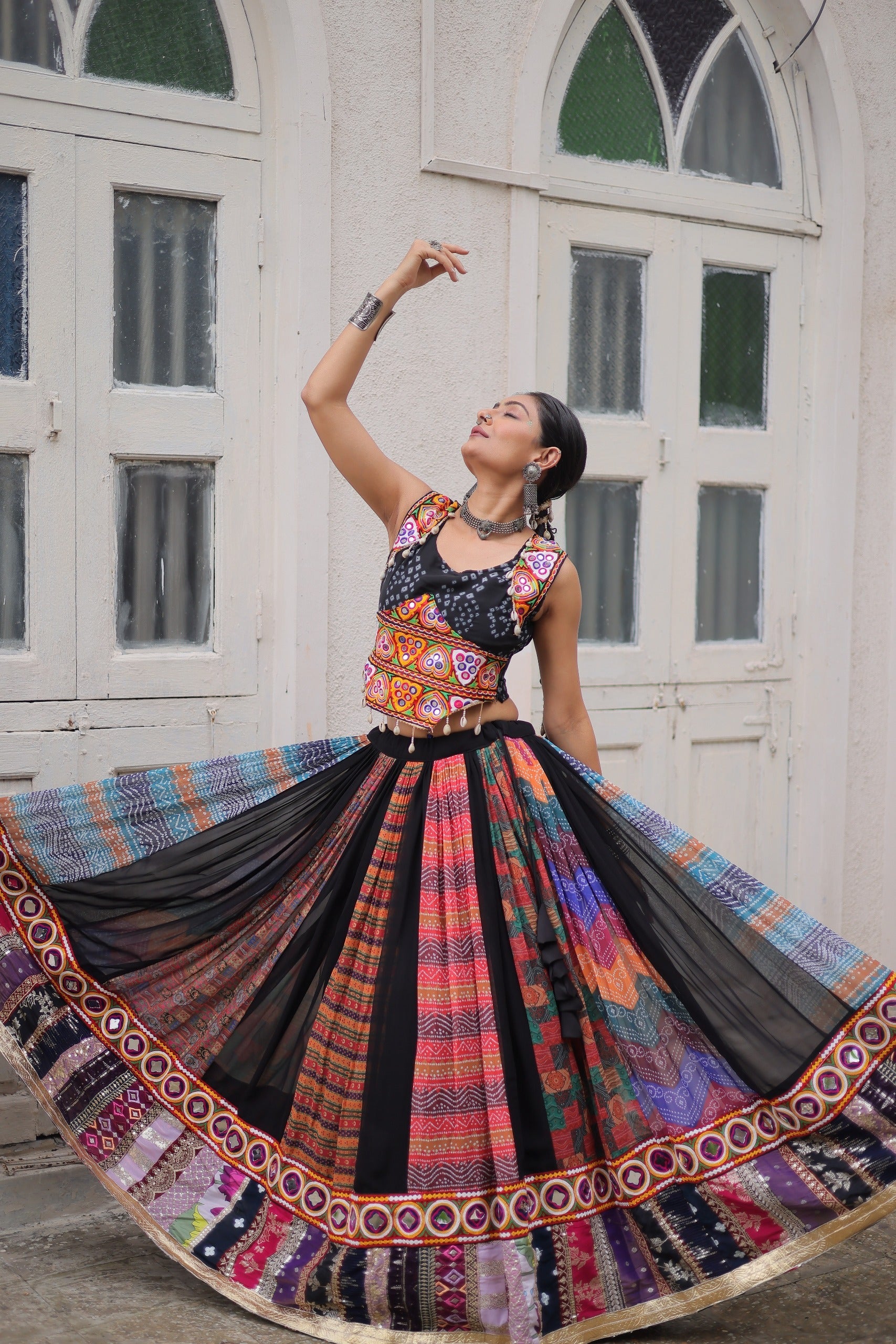 Prazu Fashion Black Georgette Print With Gamthi Work Navratri Lehenga