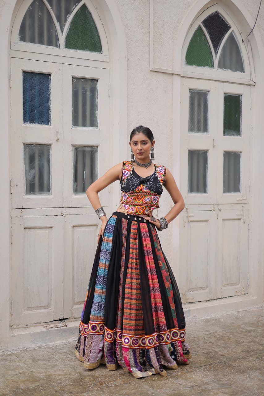 Prazu Fashion Black Georgette Print With Gamthi Work Navratri Lehenga