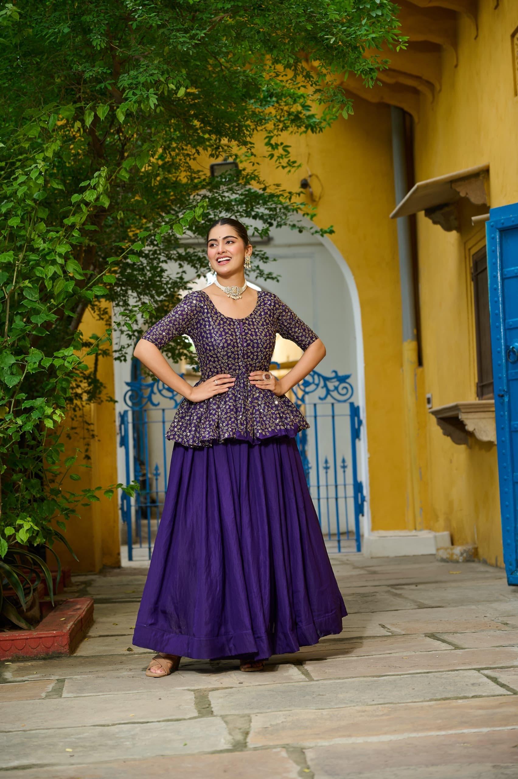 Prazu Fashion Violet Fendy Silk Embroidered Designer Lehenga