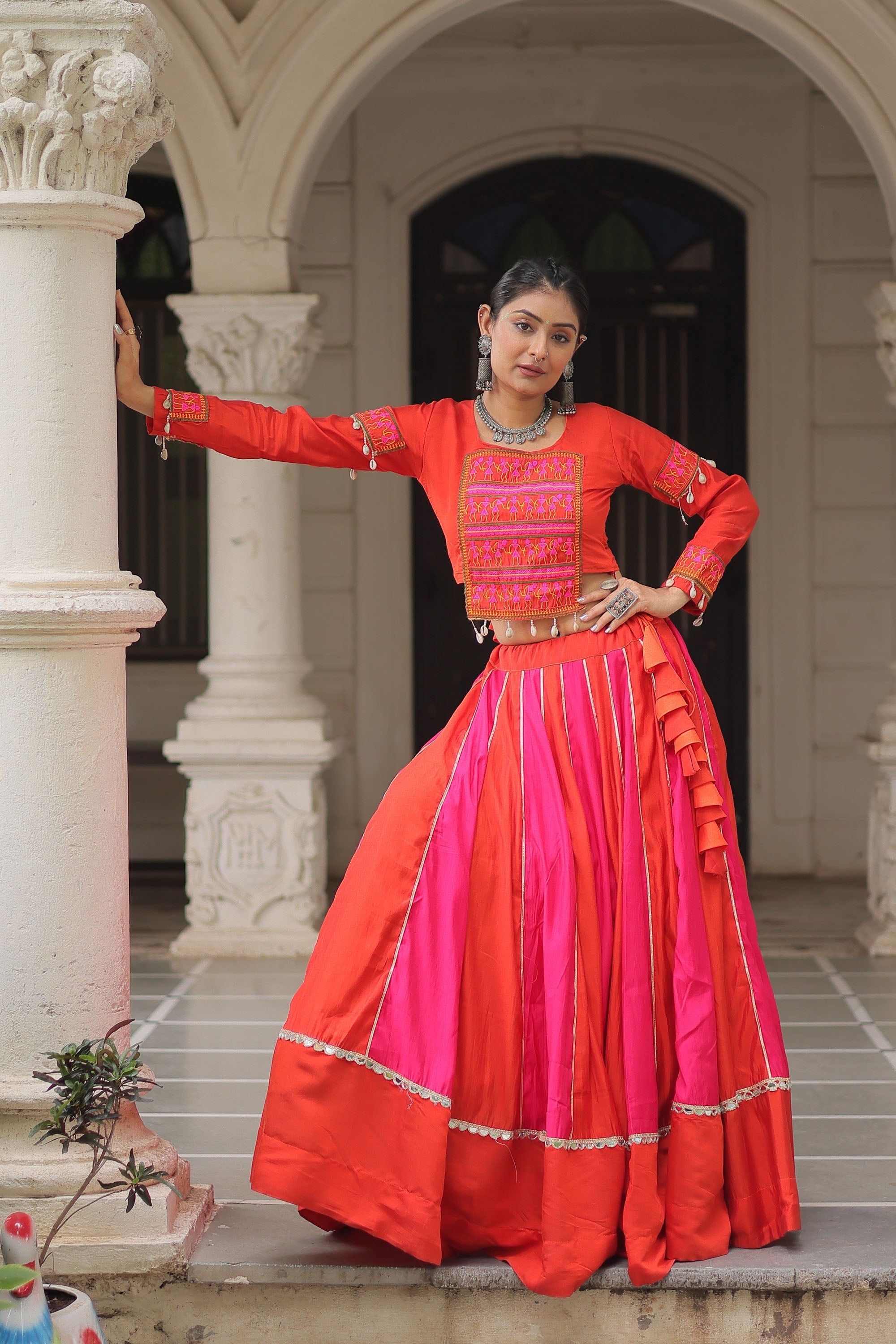 Lorenvalley Fashion Multicolor Roman Silk with attractive combination of Mirror lace embellished work Lehenga Choli