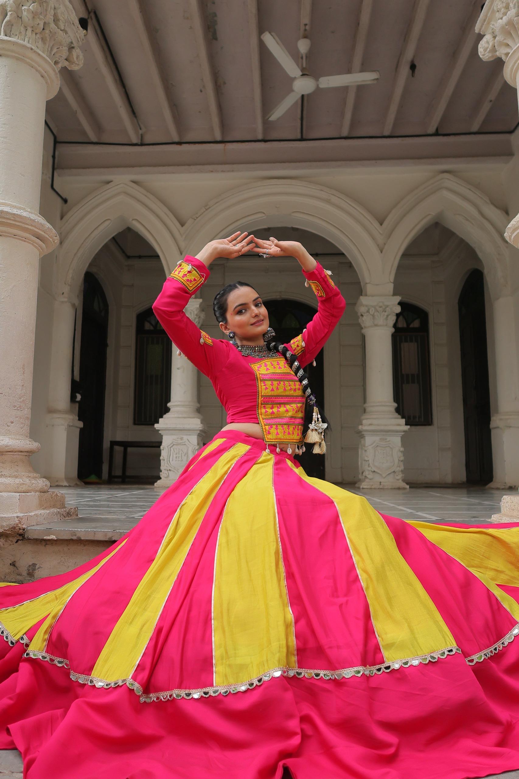 Prazu Fashion Pink Roman With Gamthi Thread Embroidered Work Lehenga For Navratri