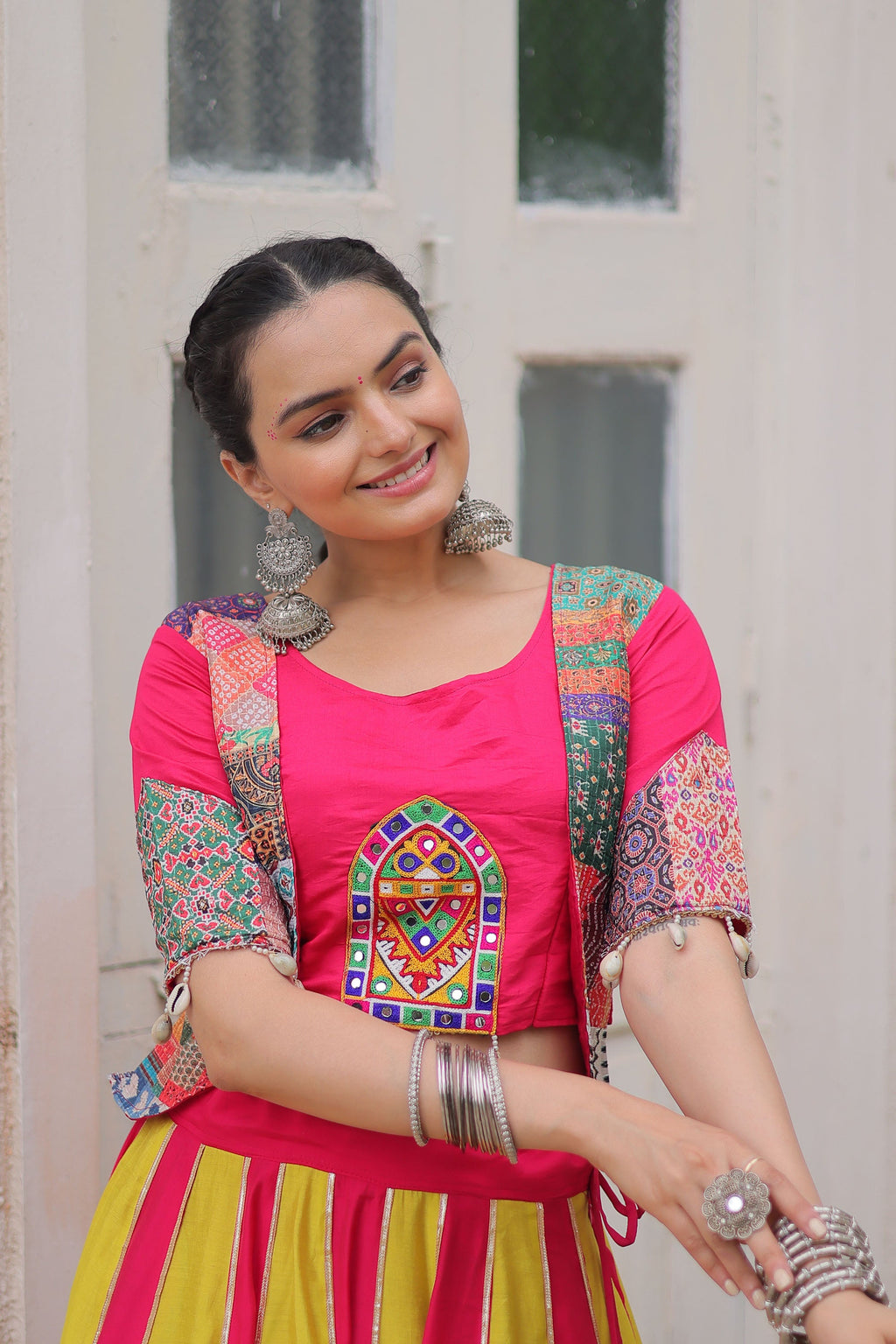Lorenvalley Fashion Multicolor Roman Silk with attractive Maslin Crochet Print & Gotta lace embellished work Lehenga Choli