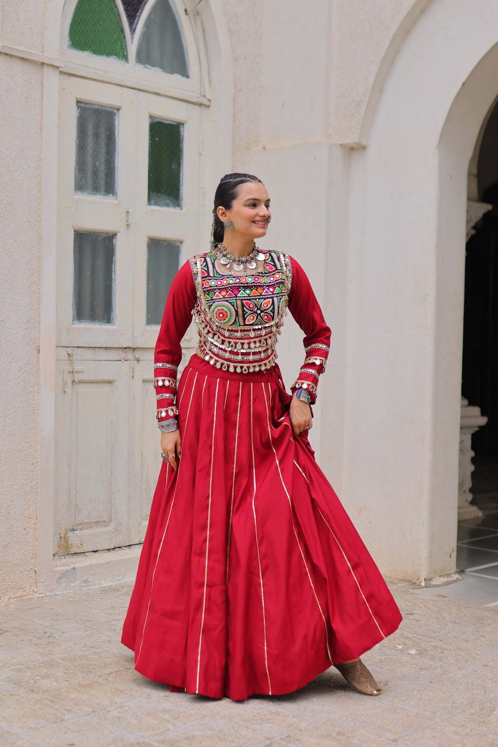 Prazu Fashion Maroon Roman Kutchi Gamthi Embroidered Work Lehenga For Navratri