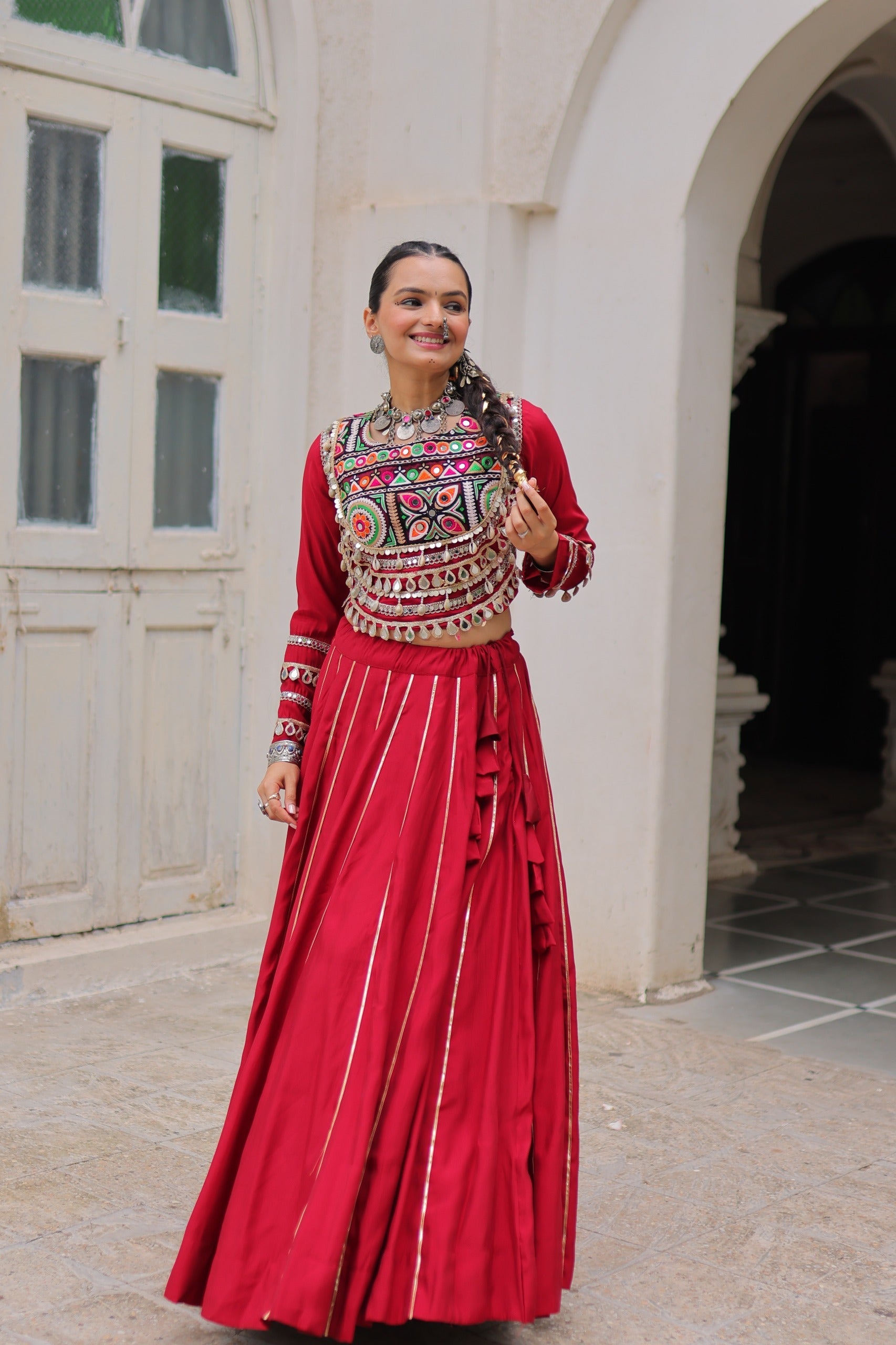 Prazu Fashion Maroon Roman Kutchi Gamthi Embroidered Work Lehenga For Navratri