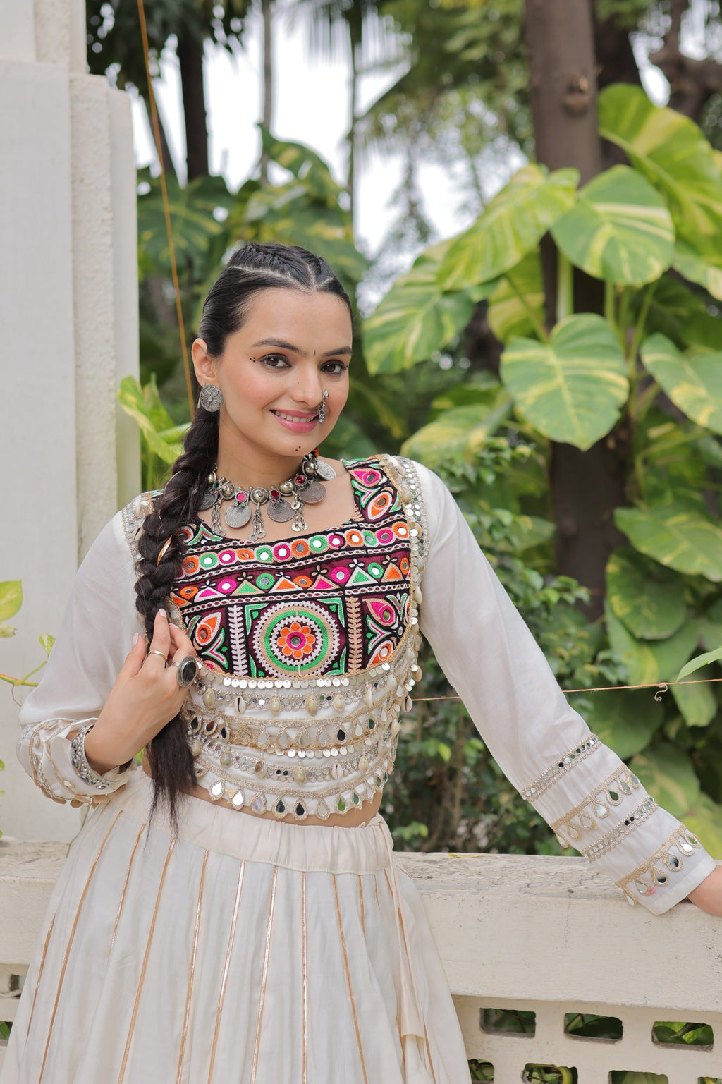 Prazu Fashion Off White Roman Kutchi Gamthi Embroidered Work Lehenga For Navratri