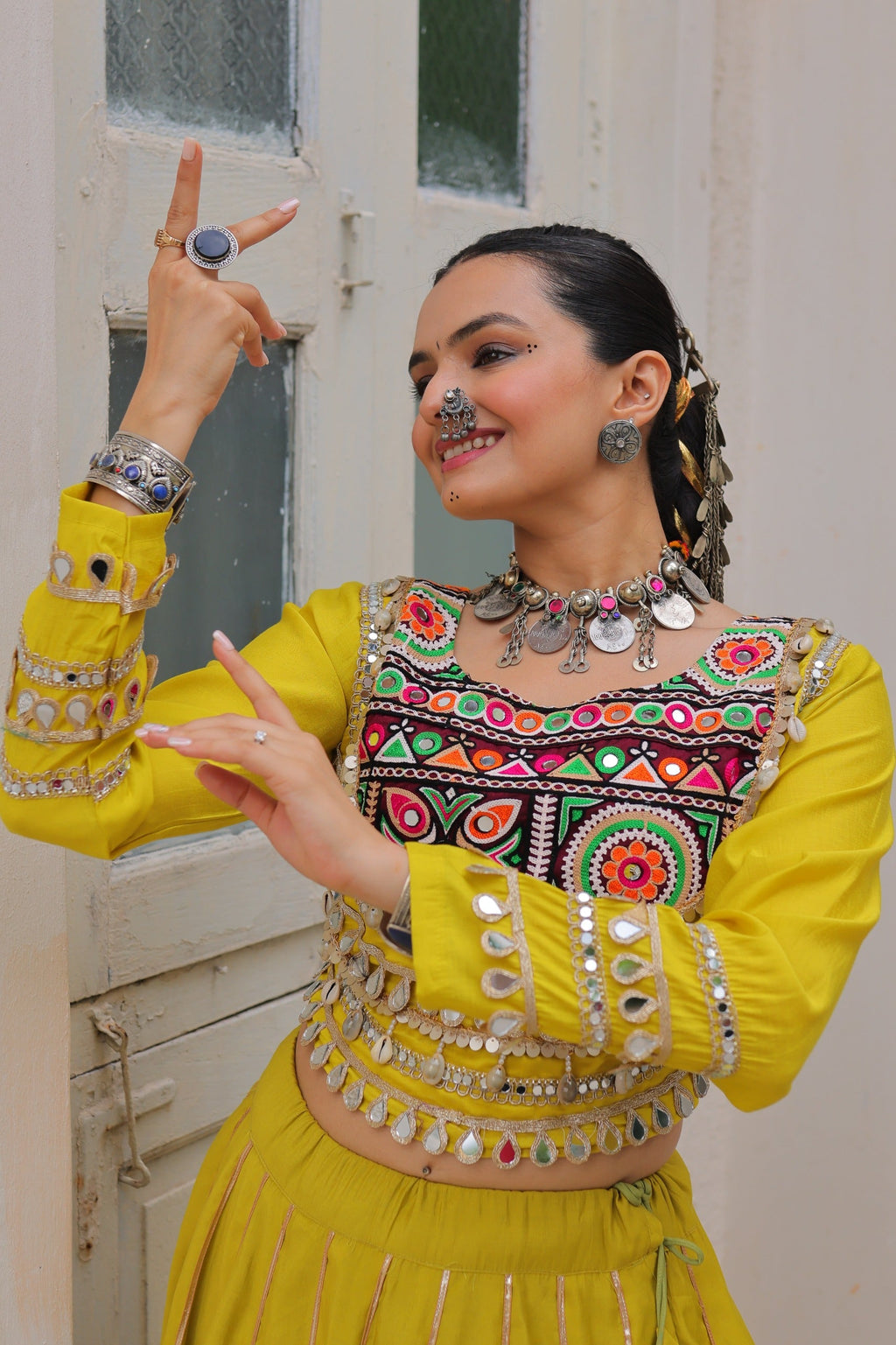 Prazu Fashion Parrot Roman Kutchi Gamthi Embroidered Work Lehenga For Navratri