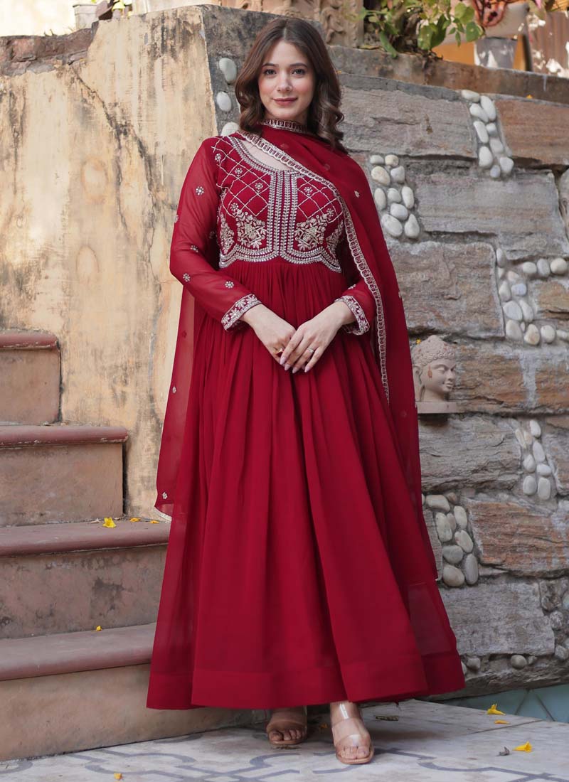 Prazu Fashion Maroon Georgette Embroidered Sequence Gown With Dupatta