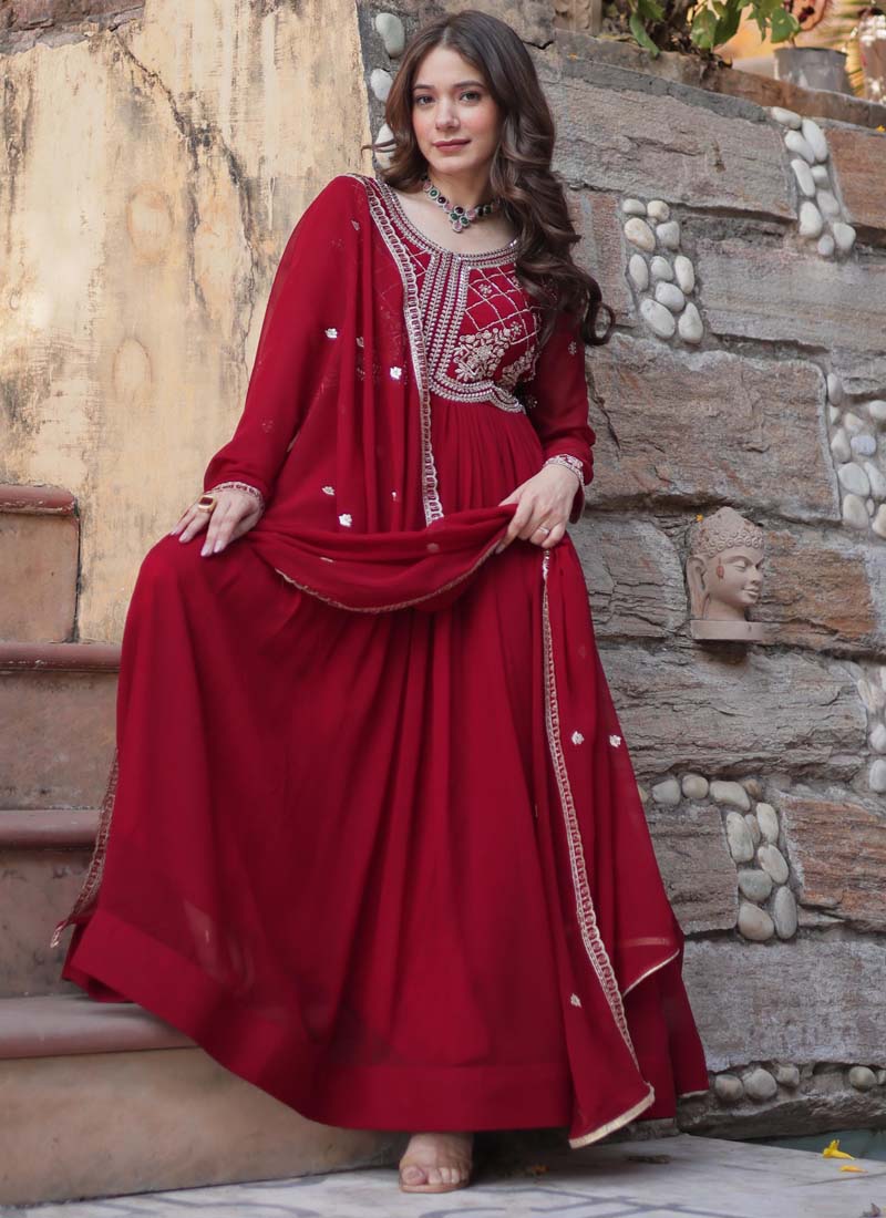 Prazu Fashion Maroon Georgette Embroidered Sequence Gown With Dupatta