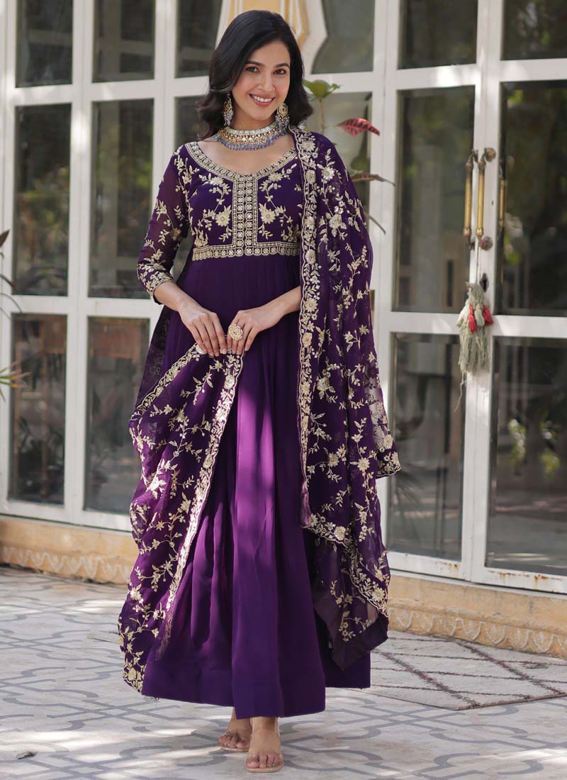 Prazu Fashion Purple Georgette Embroidered Sequence Gown With Dupatta
